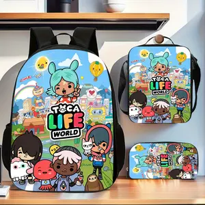 Toca Life World full-character collage three-piece school bag set, includes matching lunch bag and pencil case, suitable for daily schoolwork and weekend outings