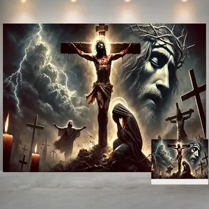 Crucifixion Dramatic Jesus Backdrop Religious Backdrop Tapestry Wall Hanging Photography Background Polyester Fiber Church Easter Funeral Wedding Studio Indoor Outdoor Decor Banner