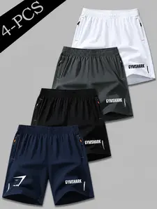 4-Piece Sportswear Shorts Set, Running Training, Fitness, Outdoor Leisure, Minimalist Letter Logo, Lightweight Quick-Dry Breathable Fabric, Unisex