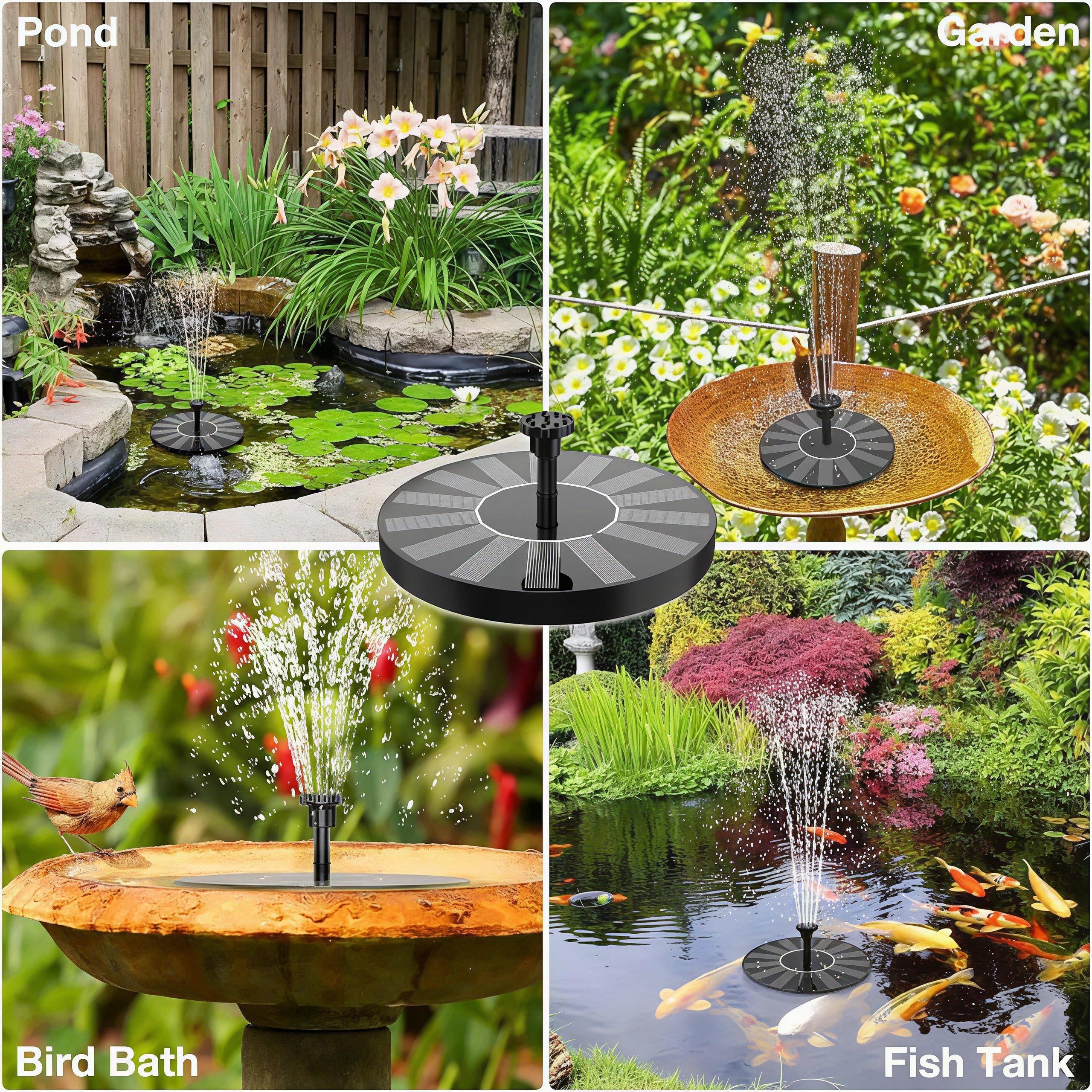 Solar Bird Bath Fountain with 6 Nozzles, Floating Solar Fountain Pump with Brackets for Garden, Pond and Outdoor Use