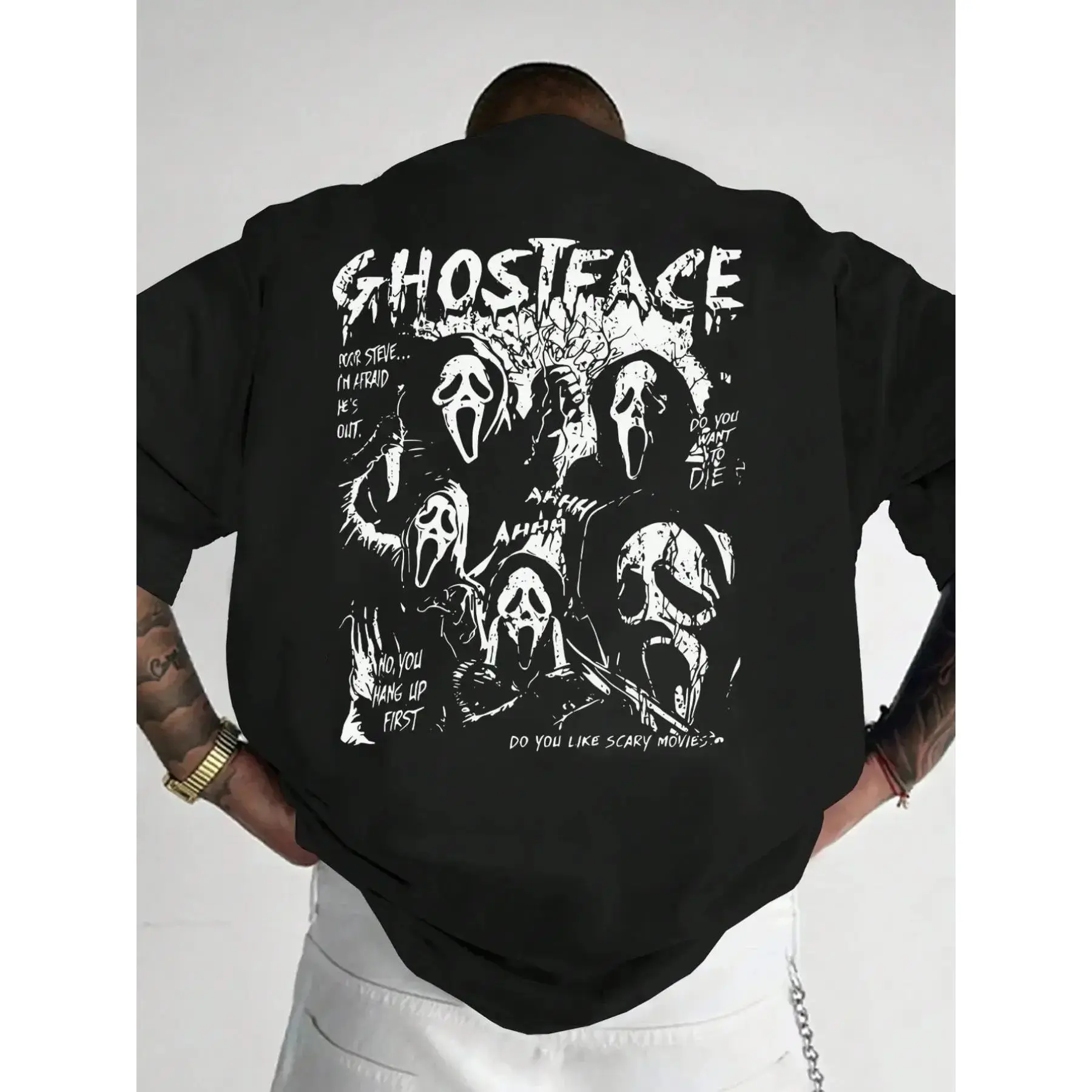 180g[100%cotton]Ghostface Scream Oversized Relaxed Fit Graphic T-Shirt |     Retro Horror Movie Mask Print Drop Shoulder Tee |     Casual Streetwear for Horror Fans, Movie Buffs & Halloween Enthusiasts |     Bold Black & White Design for Men & Women