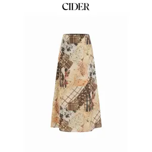 Cider Abstract Patchwork Print Mid Rise Flared Maxi Skirt