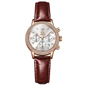 Women’s Rhinestone Bezel Chronograph Quartz Watch, 5 Options Leather & Metal Band Multi-Function Calendar Elegant Ladies Dress Wristwatch