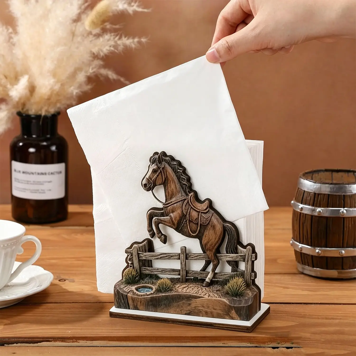 Western Horse Wooden Napkin Holder, Unique Tableware Accessory, Farmhouse Cowboy Horse Fence Decor Napkin Dispenser, Rustic Country Table Napkin Storage Organizer for Kitchen Dining Table Cabin Home Decor Western Theme Parties and Home Décor