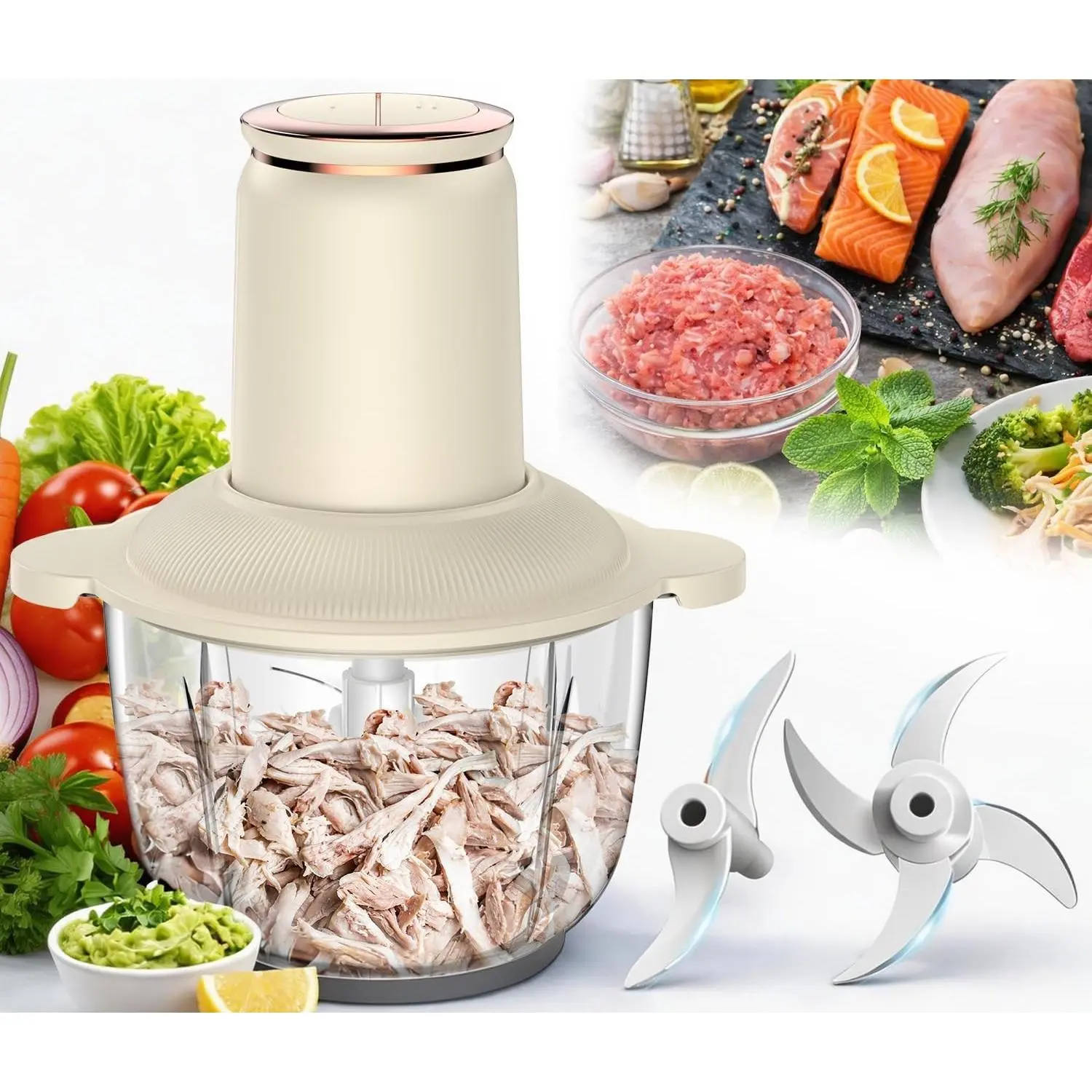 300W Electric Food Processor Chicken Shredder Meat Grinder with Dual Blades Full Copper Motor 2L Food Chopper for Meat Chicken Breast Fish Vegetable Baby Food Pet Food(Large)