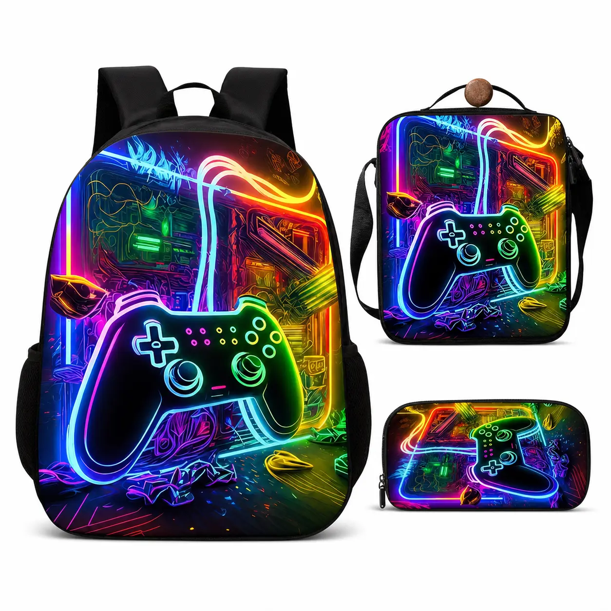 Neon Gamer 3 Piece Backpack Set for Kids and Teens, Rainbow Game Controller School Bookbag with Insulated Lunch Bag and Pencil Case, Colorful Gaming Travel Daypack Gift, Back to School Bag