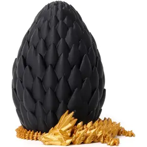 3D Printed Dragon Egg - Black Egg with 12” Gold Dragon - Large Fidget Toy, Flexible Articulated Crystal Dragon Inside,Figurine Decor, Executive Desk Toy, Dinosaur Toys for Kids 8-12 Gift