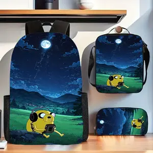 Adventure Time Old Dog Jack Moonlight Mountain Scenery Three-Piece School Bag Set includes a backpack, insulated lunch bag, and pencil case, suitable for daily use by teenagers for school