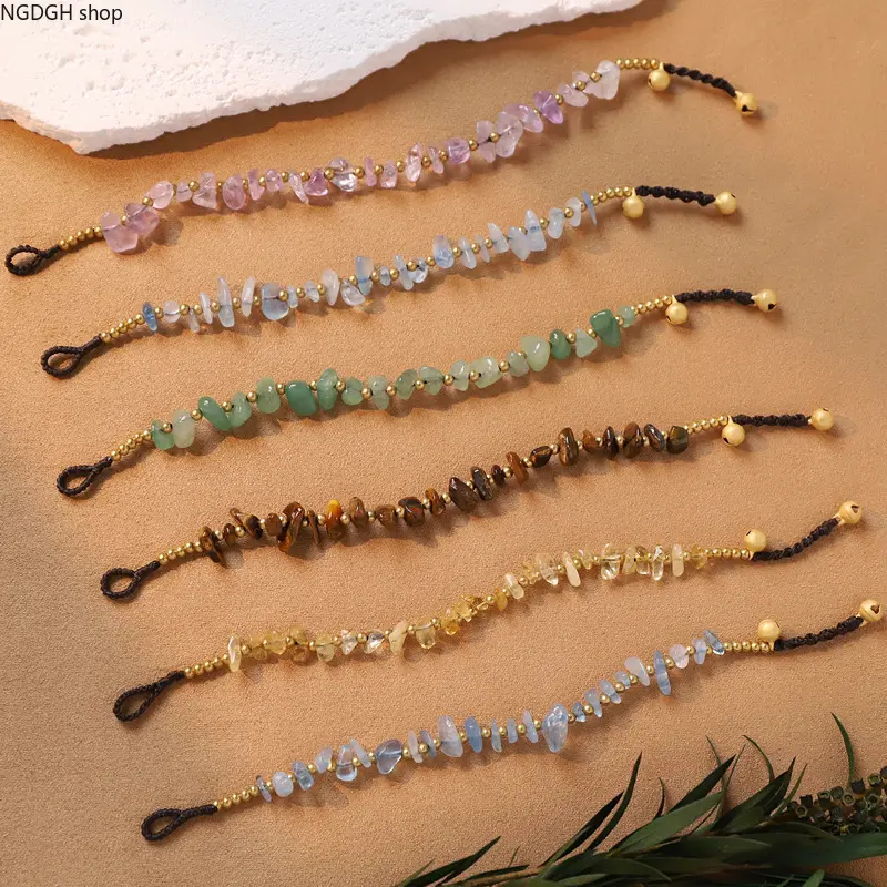 Adjustable Crystal Beaded Bracelet - Multi-Color Chip Stone Design with Rose Quartz, Aquamarine, Tiger Eye & Gold Beads, Stretch Cord for Everyday Sport & Outdoor Style, Sporty Chic, Adults, Daily, Aquamarine (Wax Rope Copper Bead Weaving)