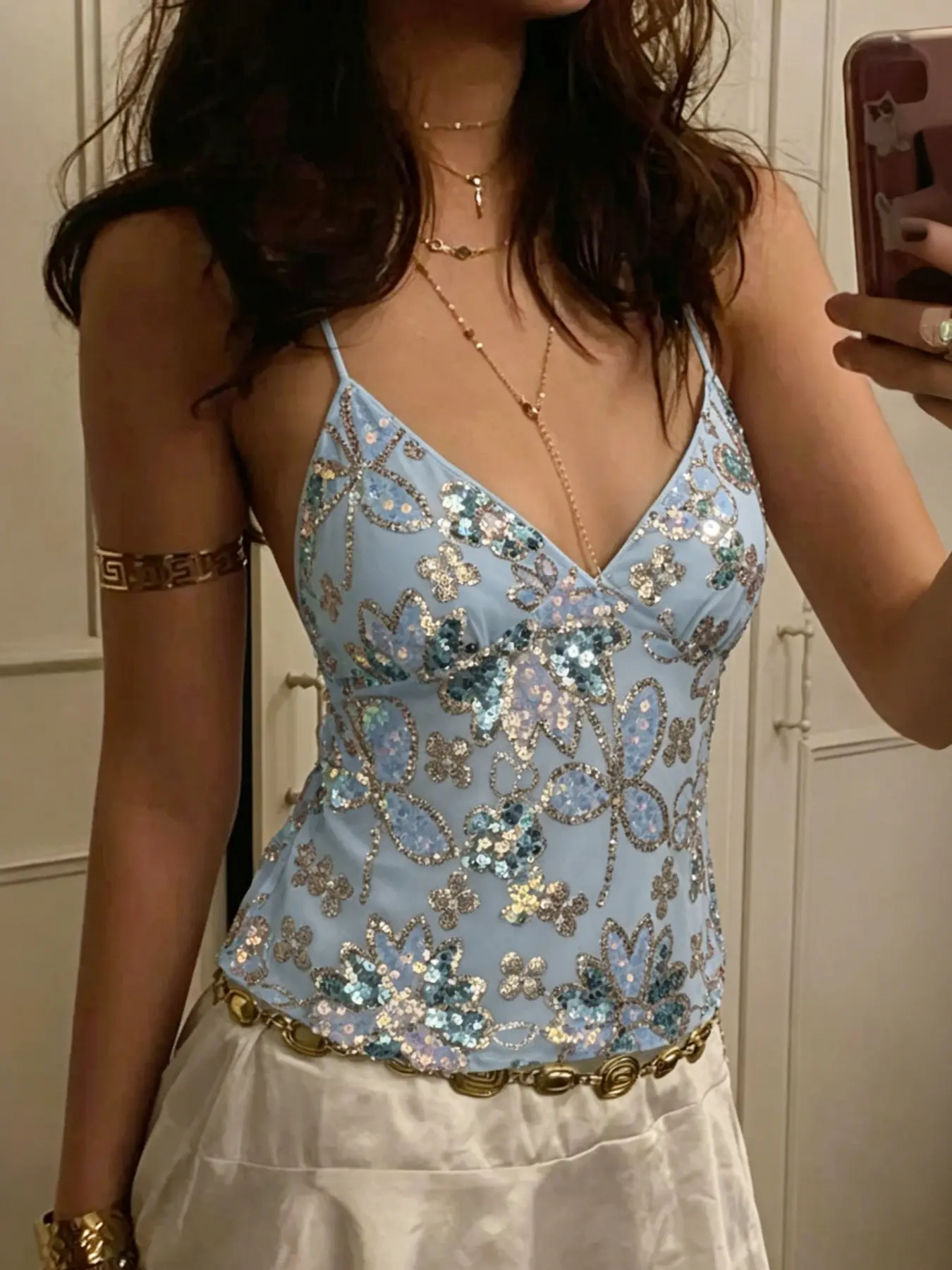 Vintage Boho Sequin Embroidery Tank Top for Women, Sexy Tie Back Crop Top, Y2K Style Floral Pattern, Slim-Fitting Unlined