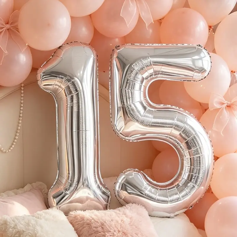 32-Inch Silver Color Aluminum Foil Balloon, Helium-Filled Number 15 Polyester Film Balloon, Birthday, Quinceanera, Anniversary Party Decorations
