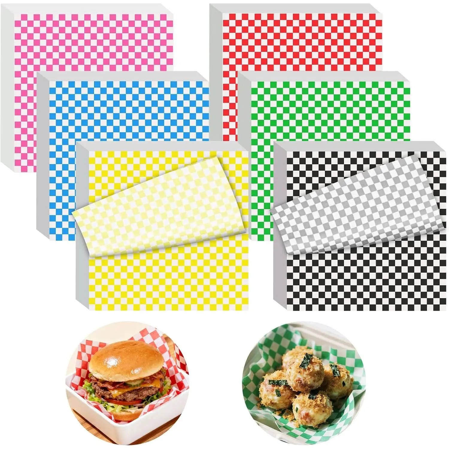 120 count Wax Paper Sheets for , 12x12" Variety Pack Checkered Sandwich Wrapping Paper, Greaseproof Deli Sheets, Pre Cut   Basket Liners for Party, Festival & Outdoors,