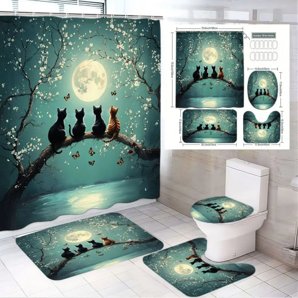 1/4pcs Teal Cat Moon Blossom Bathroom Curtain Set, Celestial Shower Curtain Sets - Includes Toilet Lid Cover, Bath Mats, Full Moon Nightscape, Black/Brown Cats on Branch, Teal Sky Water Reflection, Home Decor