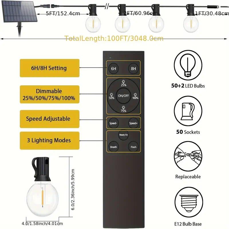 100FT/200FT Solar String Lights Outdoor With Remote, Dimmable Solar String Lights For Outside With Shatterproof Bulbs, G40 LED Patio Lights String Solar Powered, Hanging Lights For Yard Decor, Halloween, Christmas Decoration