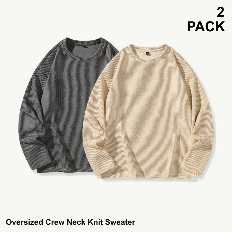 Men's Oversized Round Neck Longsleeves Ribbed Knit Pullover Sweater 2-Pack (Plain Black + Gray Mixed Assorted Solids) - Relaxed Daily Menswear, Sizes S-XXL, Group 2, Clothes