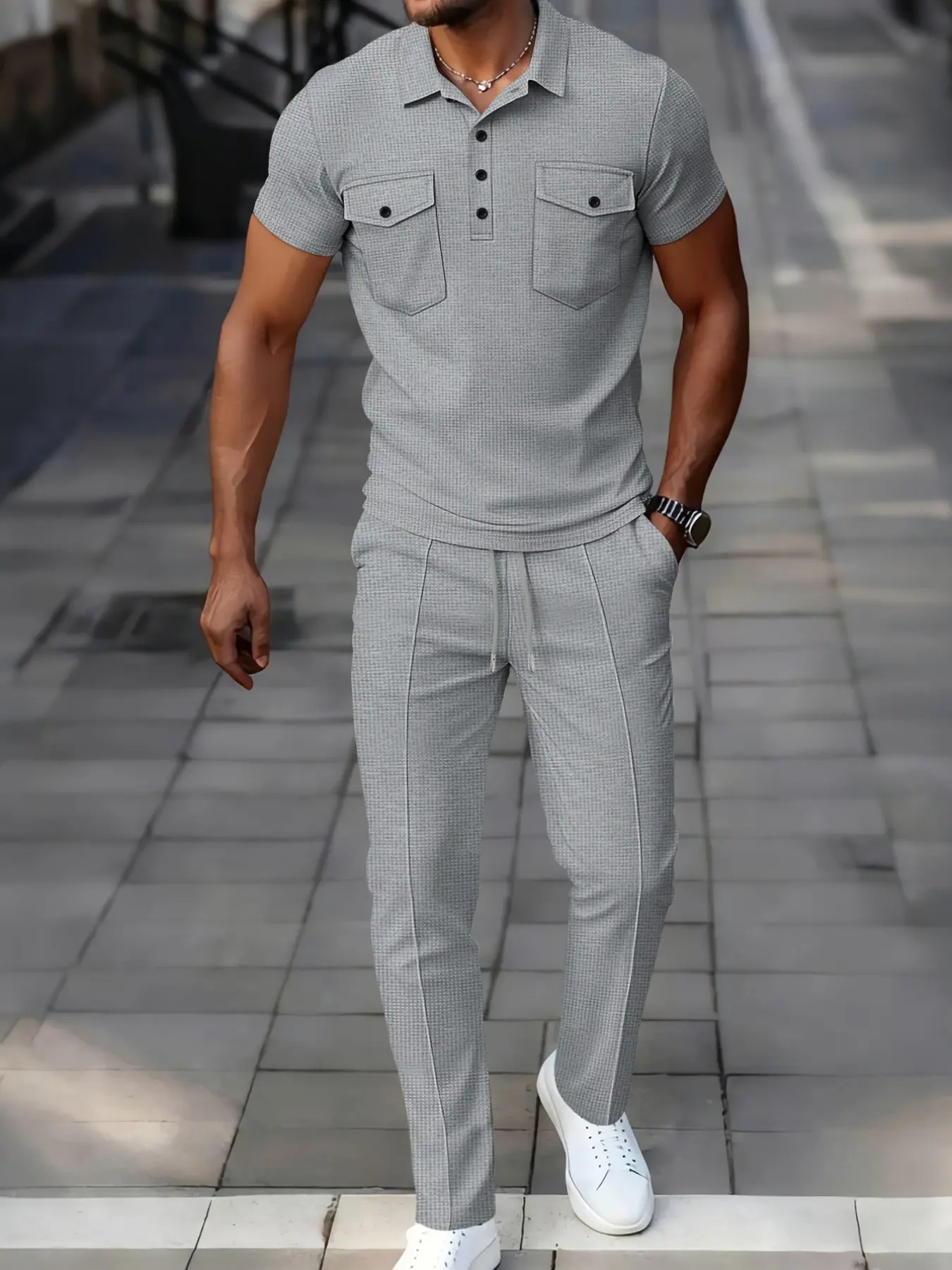 Men's Textured Waffle Two-Piece Sports Set, Workwear Pocket Short Sleeve Polo Shirt + Elastic Waist Slim Fit Long Pants, Daily Street Wear