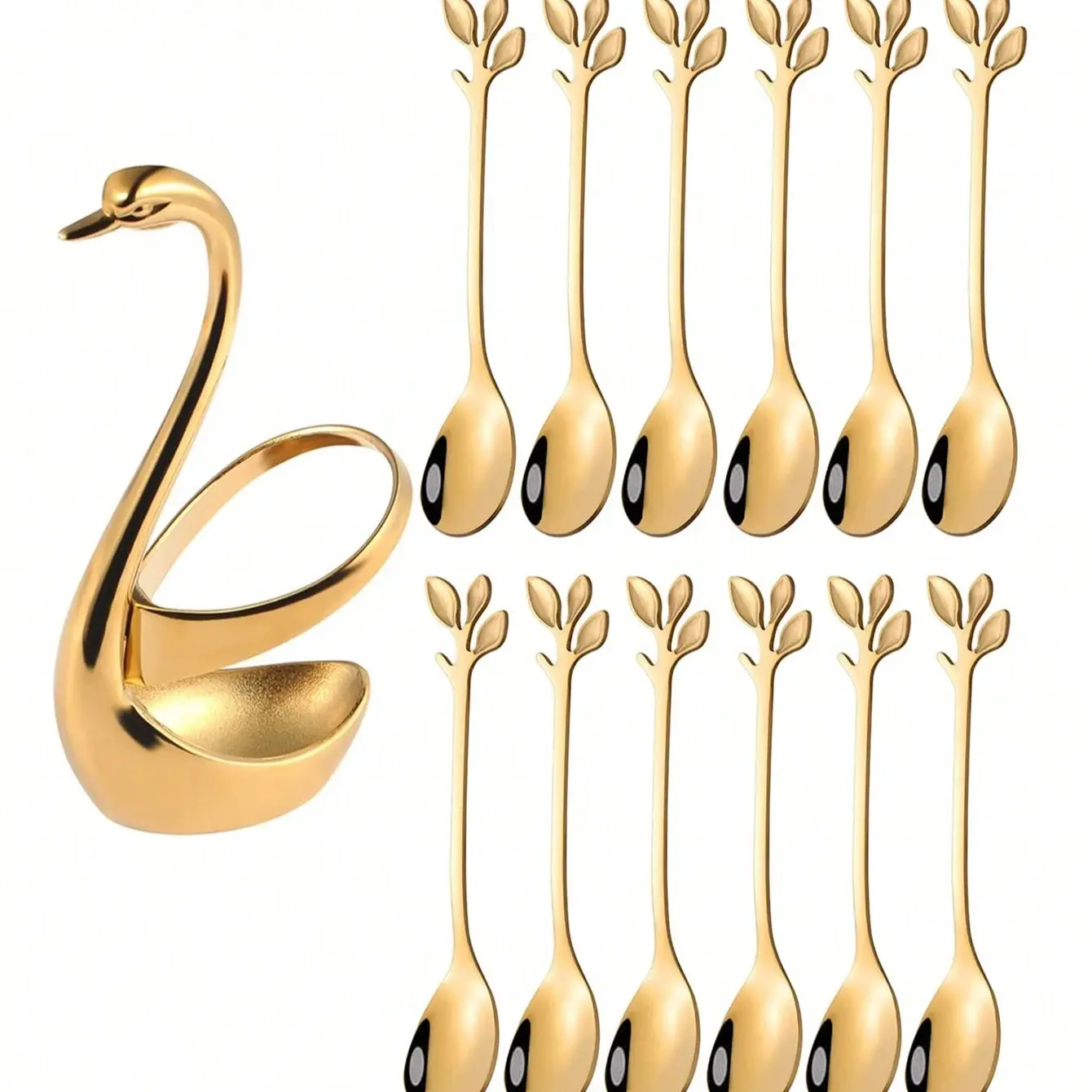 Gold Swan Base With 10-Pcs Mini Leaf Coffee Spoon Holder Set - 4.7" | Stainless Steel Leaf Handle Spoons,Small Spoons,Espresso Spoons,Tea Spoons,Dessert Spoons,Demitasse Spoons