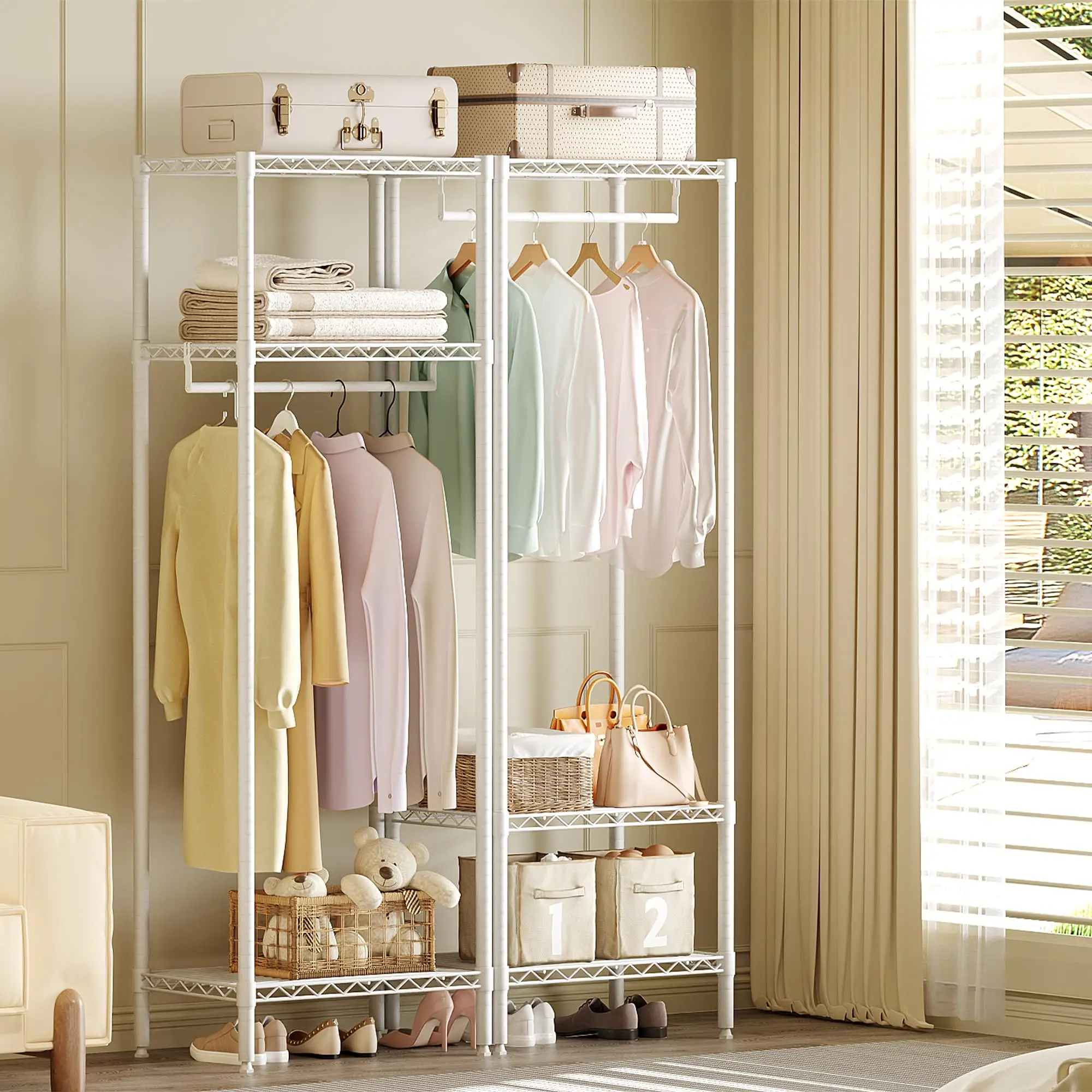 Heavy Duty garment Rack Clothes Rack for Hanging Clothes Wardrobe Closet with 3 Adjustable Shelves & 1 Hanging Rod,Freestanding Clothing Rack with Hanging Rod, Compact Clothes Organizer Stand for Small Bedroom Dorm Apartment