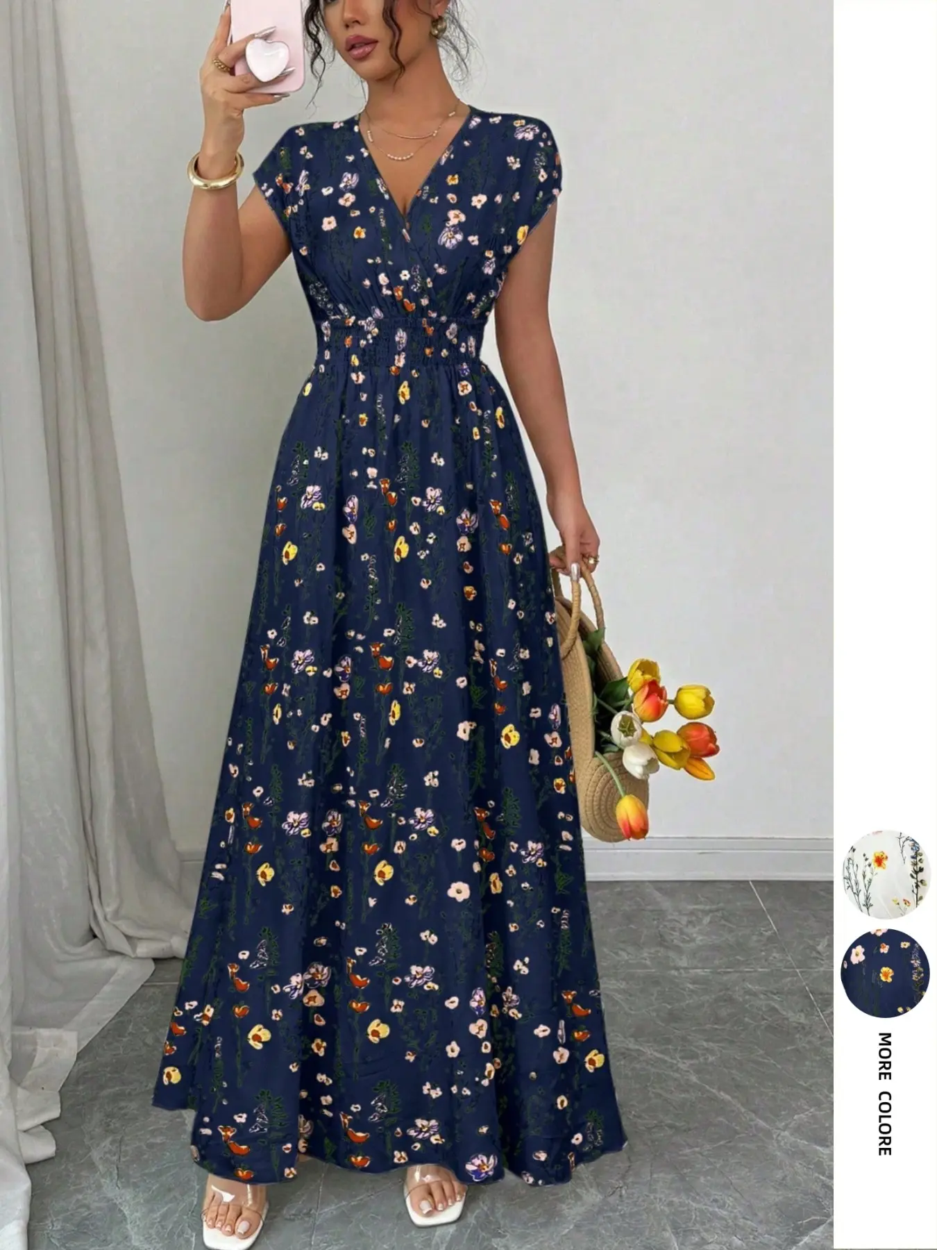 Elegant V-Neck Short Sleeve Floral Print Long Dress, Elastic Drawstring Waist, Flowy Beach Dress for Daily Wear, Vacation, Wedding Guests, Elegant Dresses