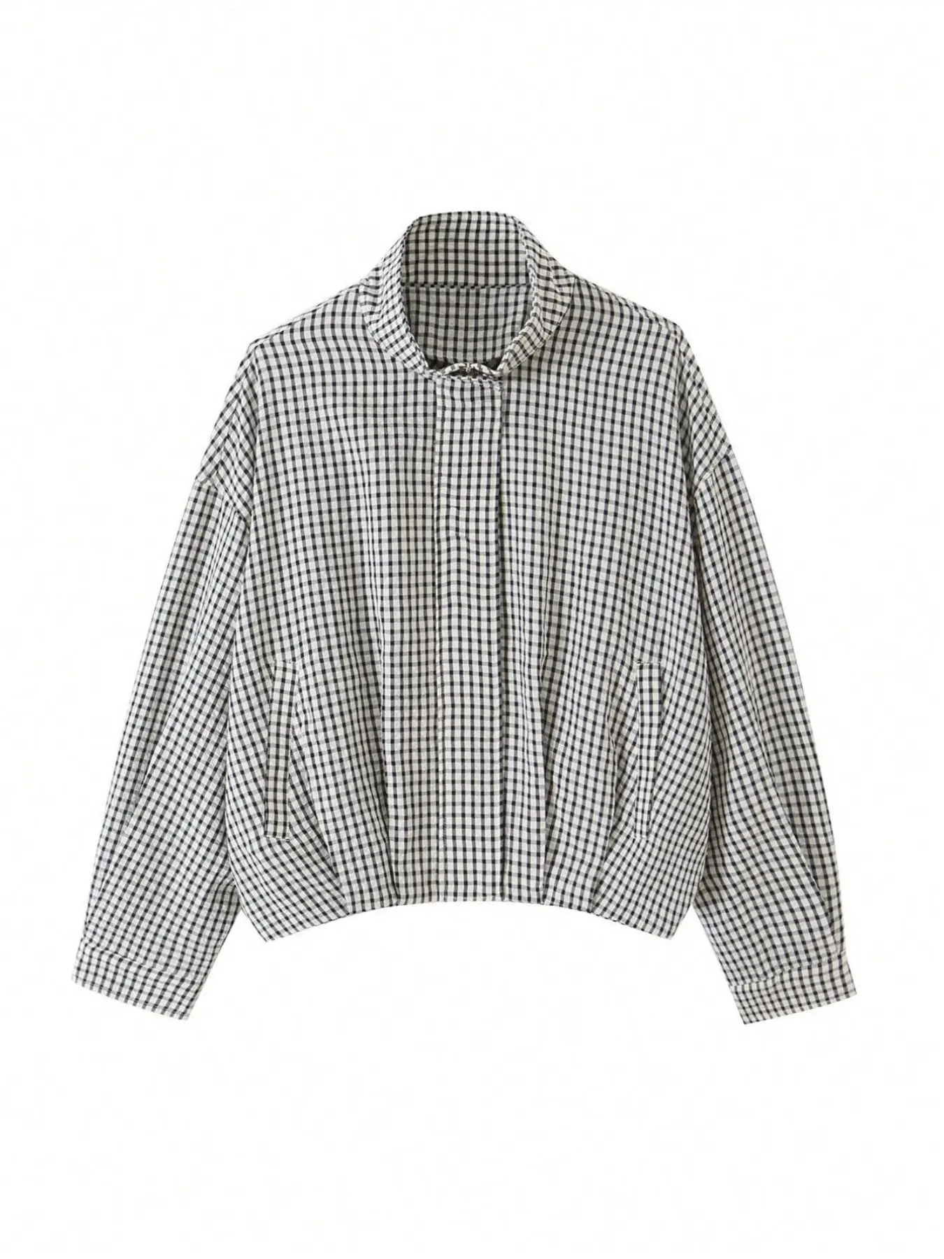 Women's Elegant Plaid Gingham Stand Collar Short Jacket, Loose Fit Casual Daily Outerwear, Stylish and Comfortable Fashion Piece