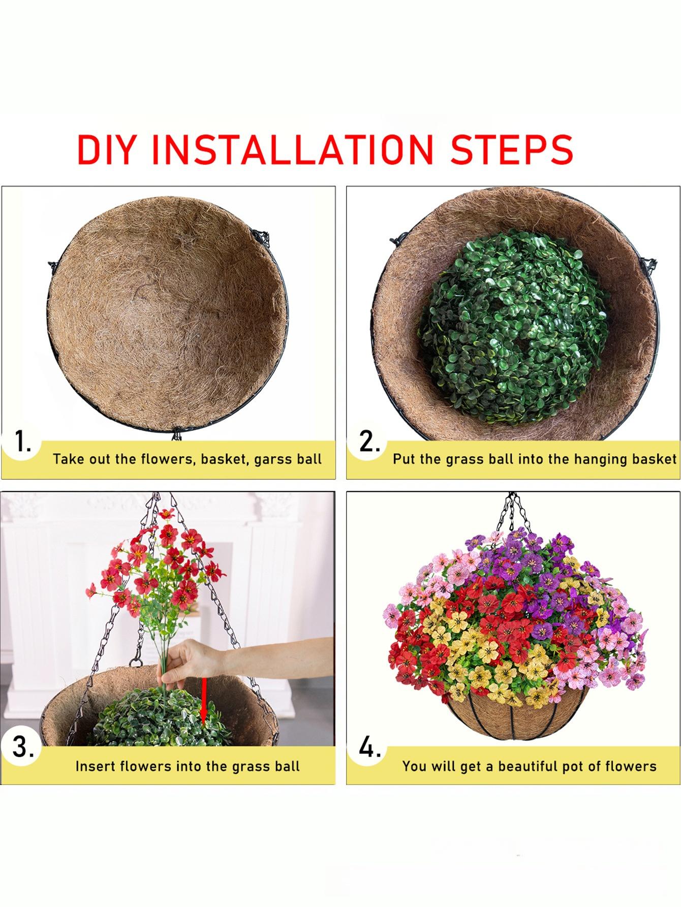 Violet artificial flower hanging basket, iron art hanging decoration, flower basket pendant for wall, door, and outdoor decoration, artificial plants and fake flowers