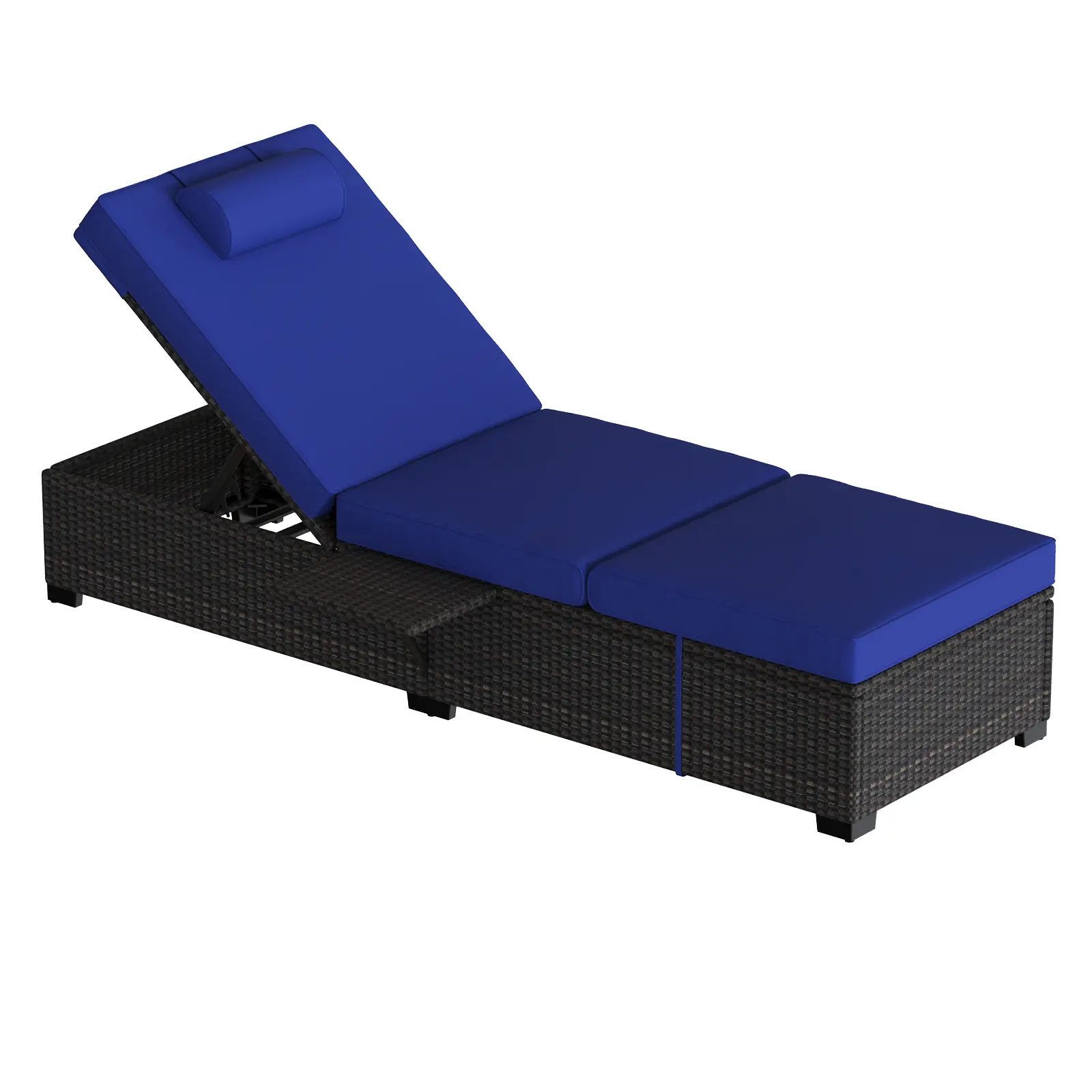 Set of 2 Adjustable PE Wicker Chaise Loungers, Brown Rattan with Sky Blue Cushions, 5-Position Recline, Removable Side Table