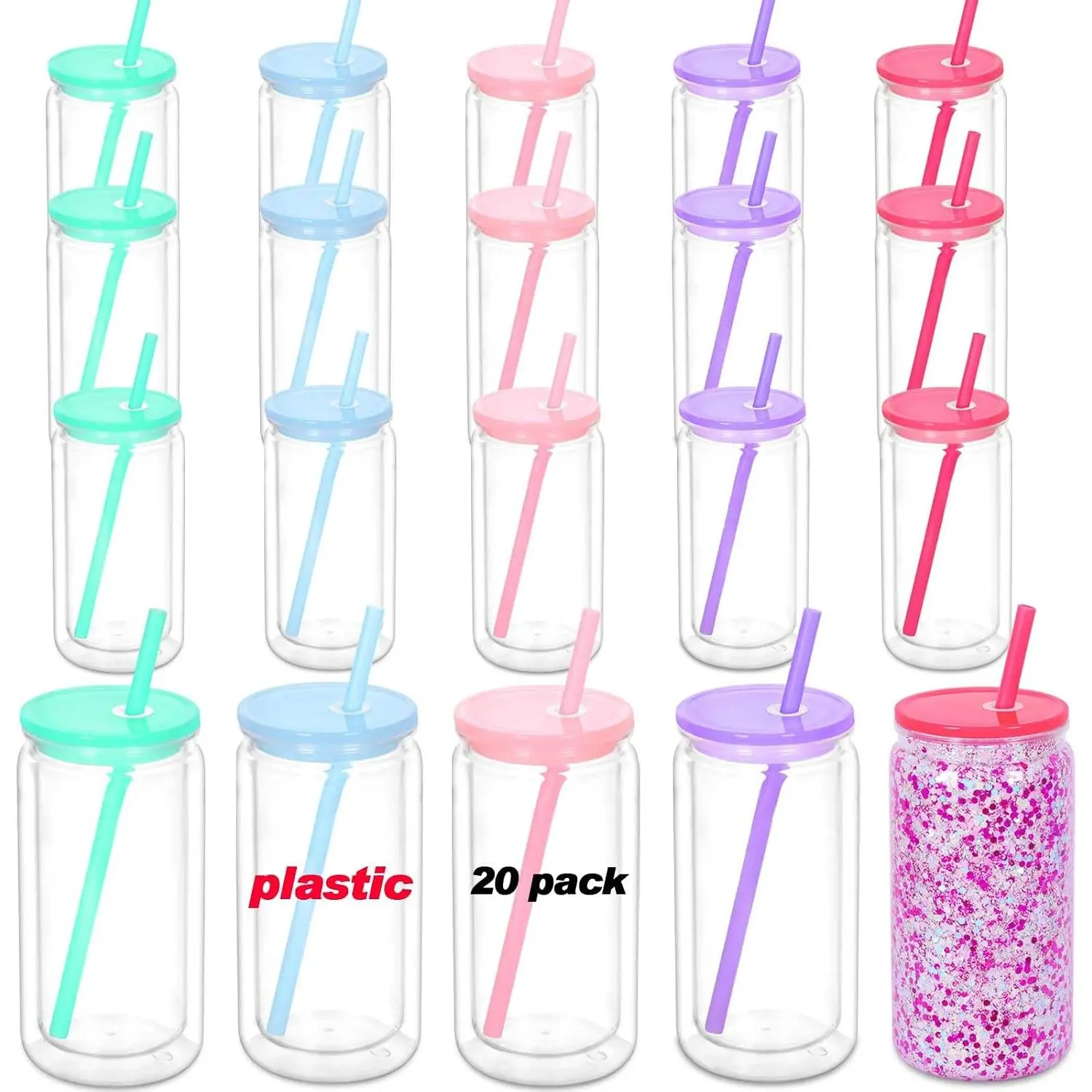 16 Oz  Snowglobe Tumbler, 20 Pack Pre-Drilled Double Wall Plastic Clear Cup for Glitter Snow Globe Diy, Double Wall Plastic Snowglobe Cup with Colorful Lid