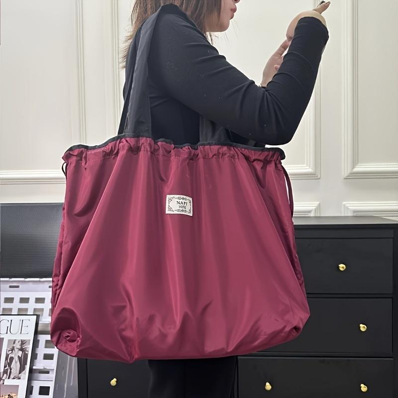 Chic Two-Tone Drawstring Shopping Bag - Foldable, Fixed Shoulder Strap, with Label Patch, Ideal for Daily Use, Large Capacity Bag