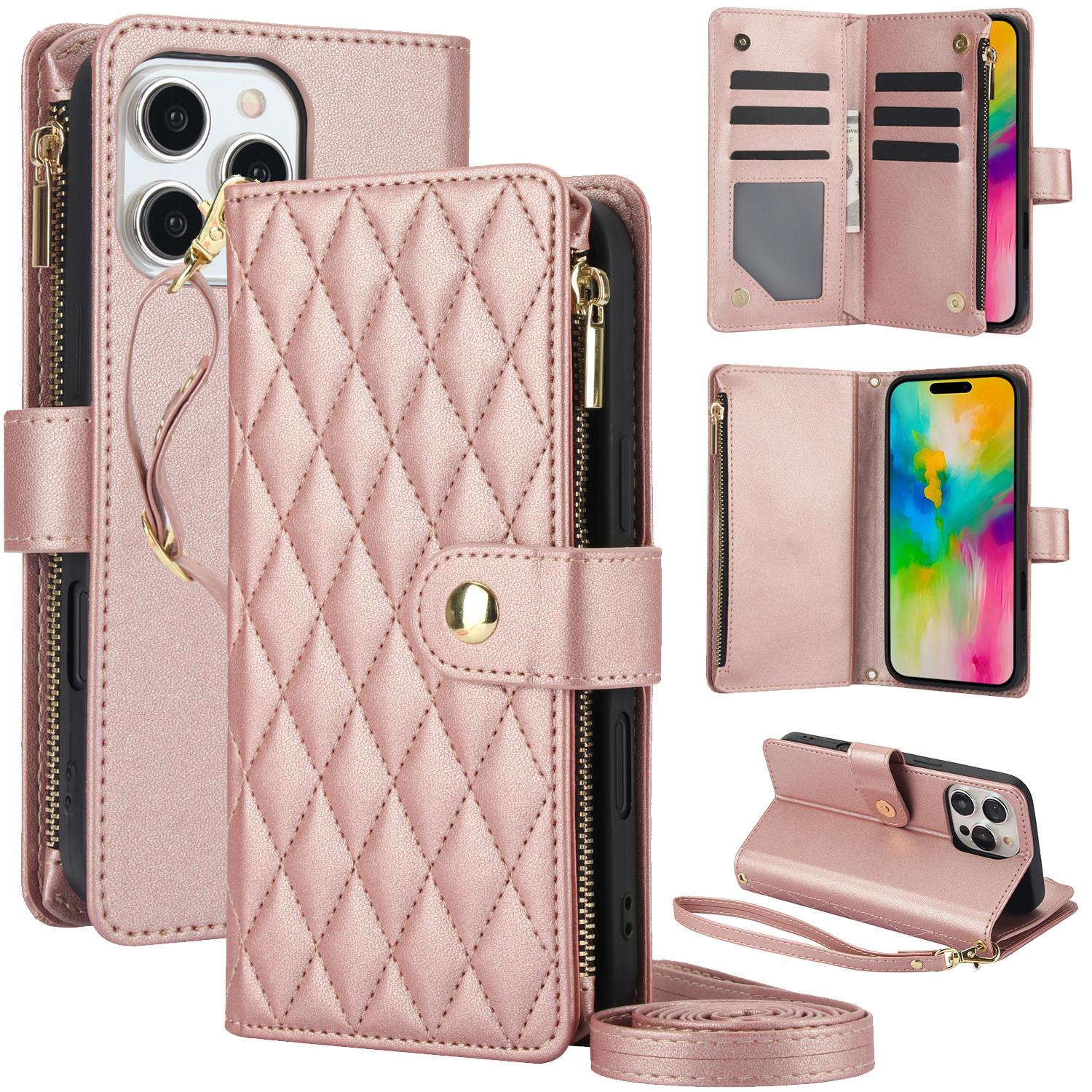 Quilted Pattern Phone Case with Card Holder, Adjustable Crossbody Zipper Purse Case with Kickstand and Detachable Wrist Strap, Flip Folio Case for iPhone 17 Air/16e/16/15/14/13/12/11 Pro Max
