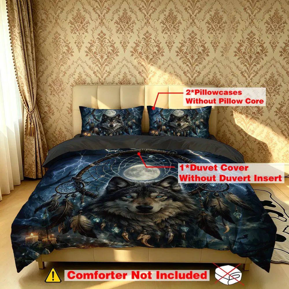 The 3-piece dream catcher wolf-patterned Print Bedding Set includes one bedspread and two pillowcases, without filling. It is soft and comfortable, suitable for single beds and double beds, and ideal for use in bedrooms, dormitories, and hotels.