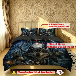 The 3-piece dream catcher wolf-patterned bedding set includes one bedspread and two pillowcases, without filling. It is soft and comfortable, suitable for single beds and double beds, and ideal for use in bedrooms, dormitories, and hotels.