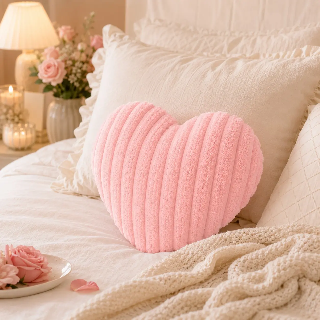 Heart-Shaped Cushion Pillow Set, Soft Plush Striped Design, 40x45cm, Includes Insert, Ideal for Bedroom Sofa Bed Head Decor