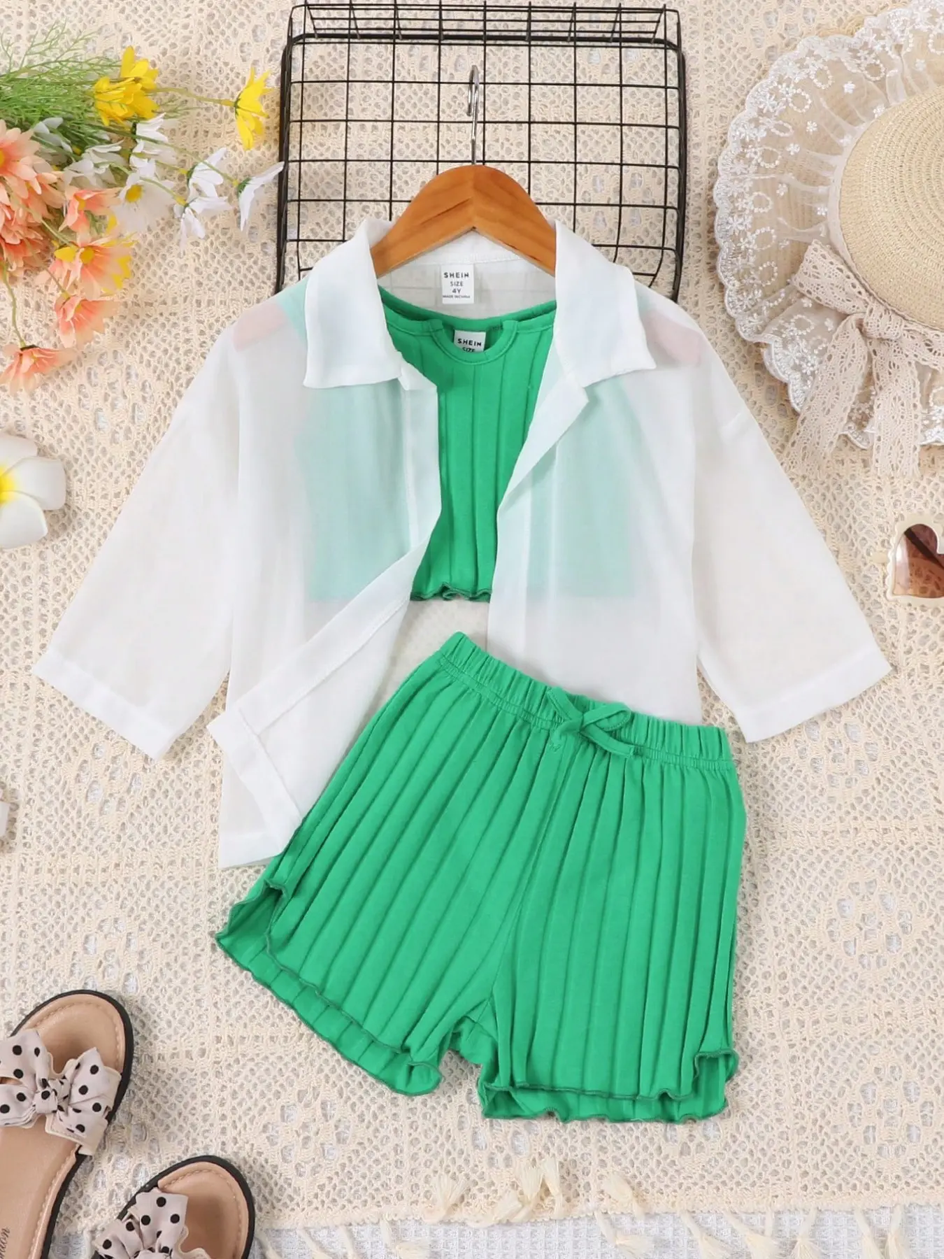 Kids Girls 3-Piece Summer Outfit Set - Green Ribbed Tank, Pleated Shorts, & Sheer White Button-Down Shirt - Trendy Toddler Fashion