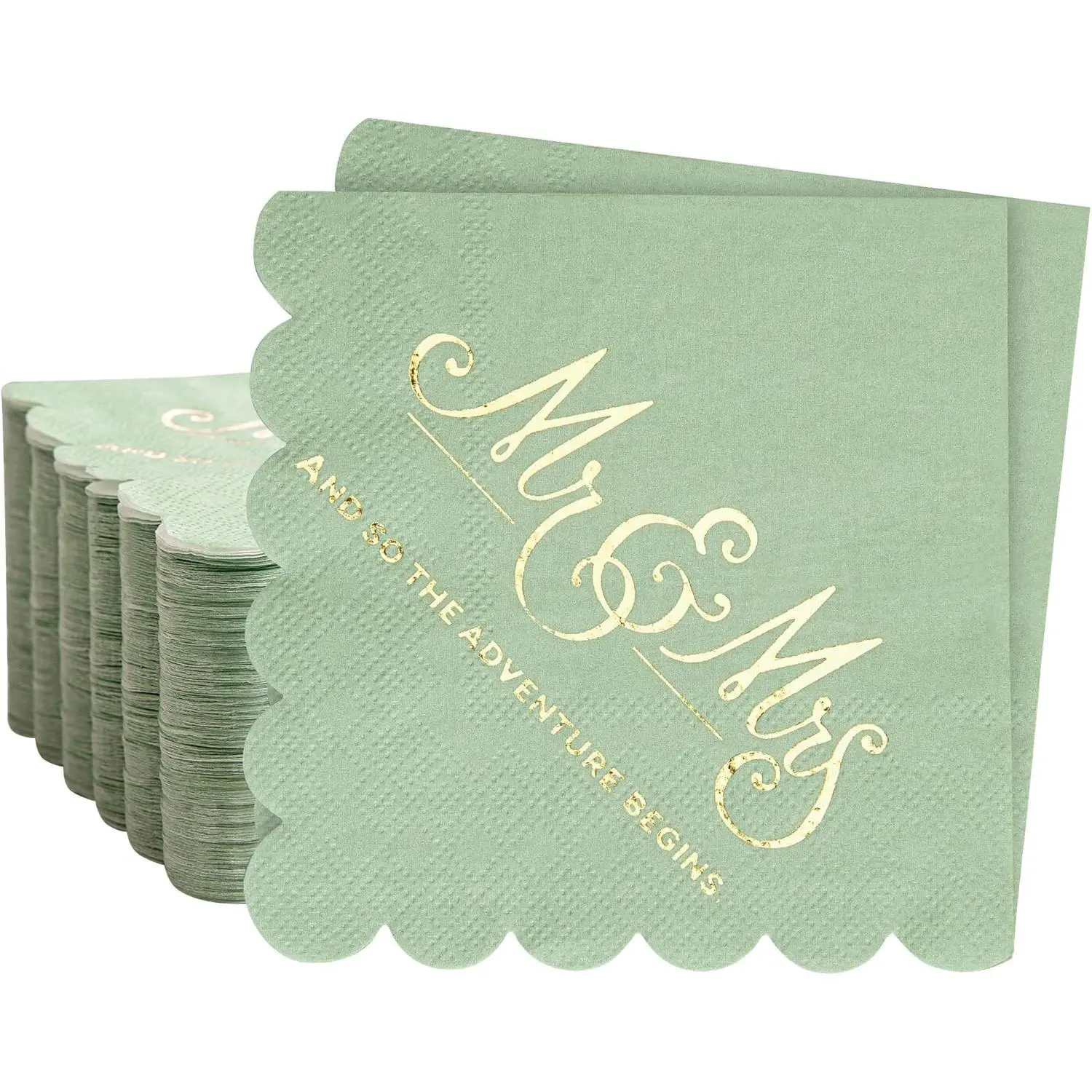 100 Pcs Scalloped Edge Disposable Gold Foil Mr & Mrs Sage Green Cocktail Napkins for Wedding Party, Dinner Events