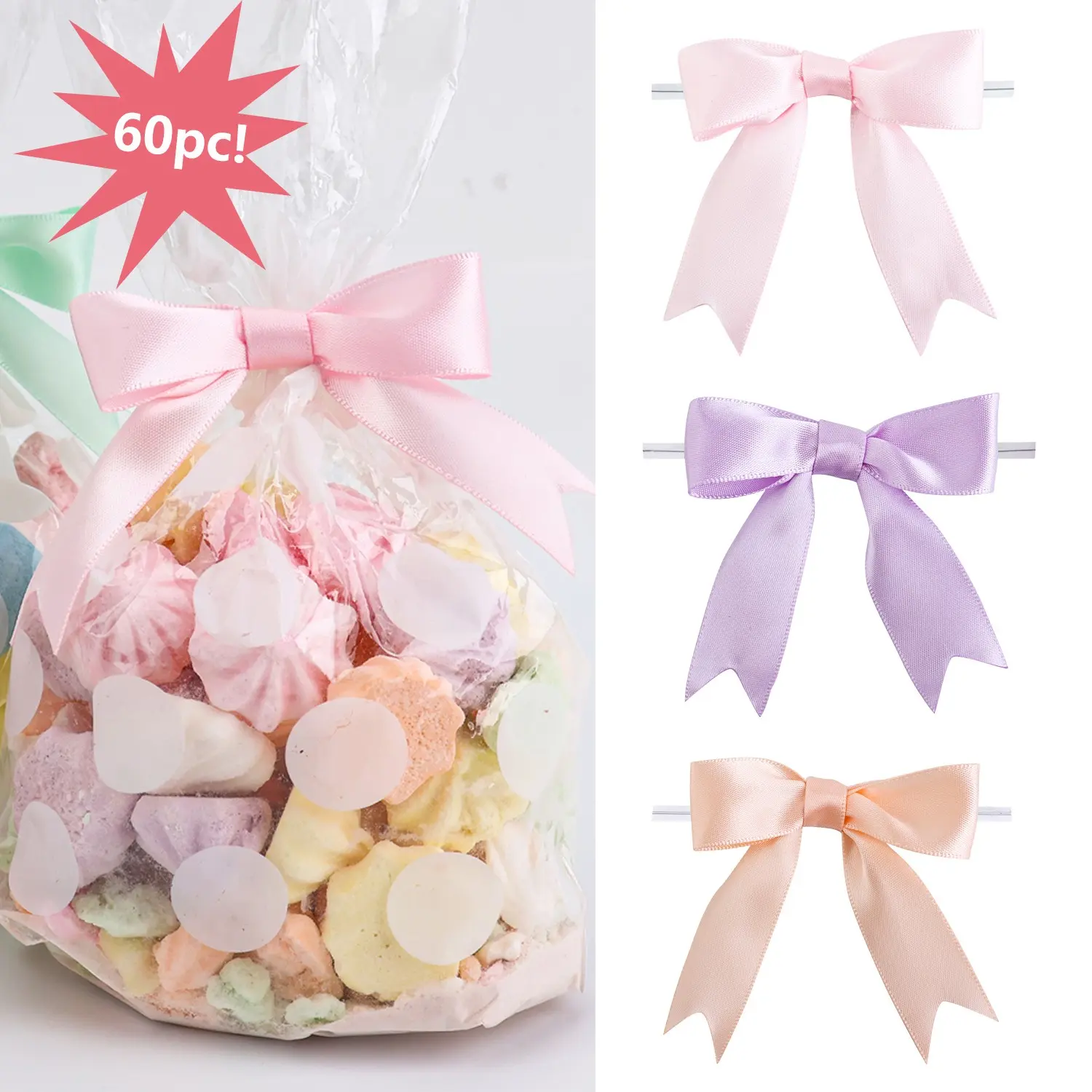 60pcs Boutique 2.65inch Light 6 Colors Satin Ribbon Twist Tie Bows for Tying Up Packages Gift Wrapping