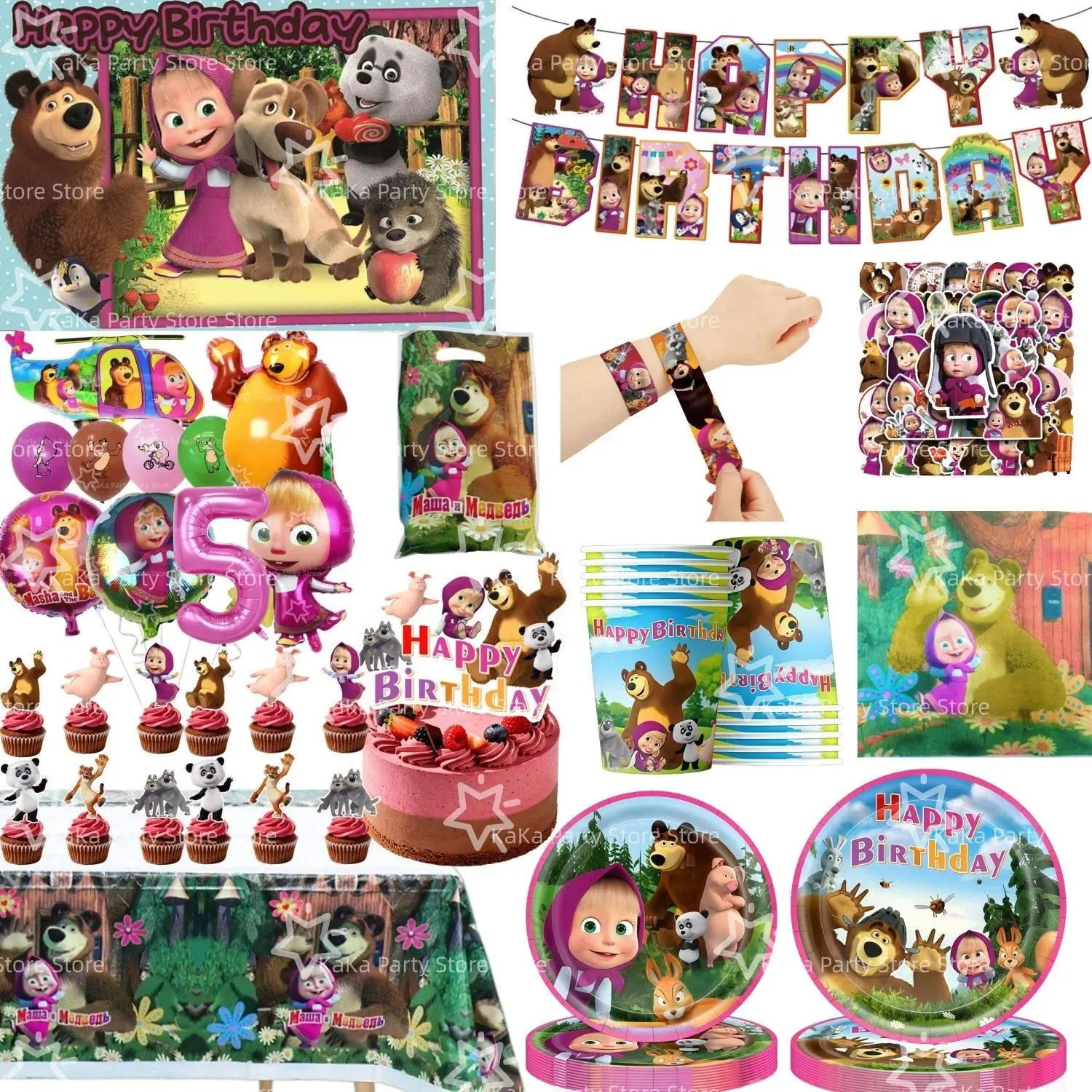 Girl and the bear Birthday Party Decoration Tableware Tablecloth Plate Cup Napkin Bags Balloons Baby Shower M-Masha Party Favors
