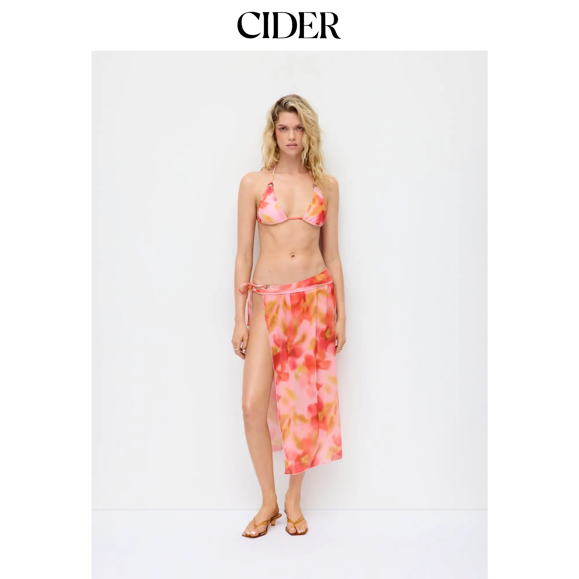 Cider Halter Tie Dye Tie Side Bikini Three Piece Swimsuit with Ring Detail
