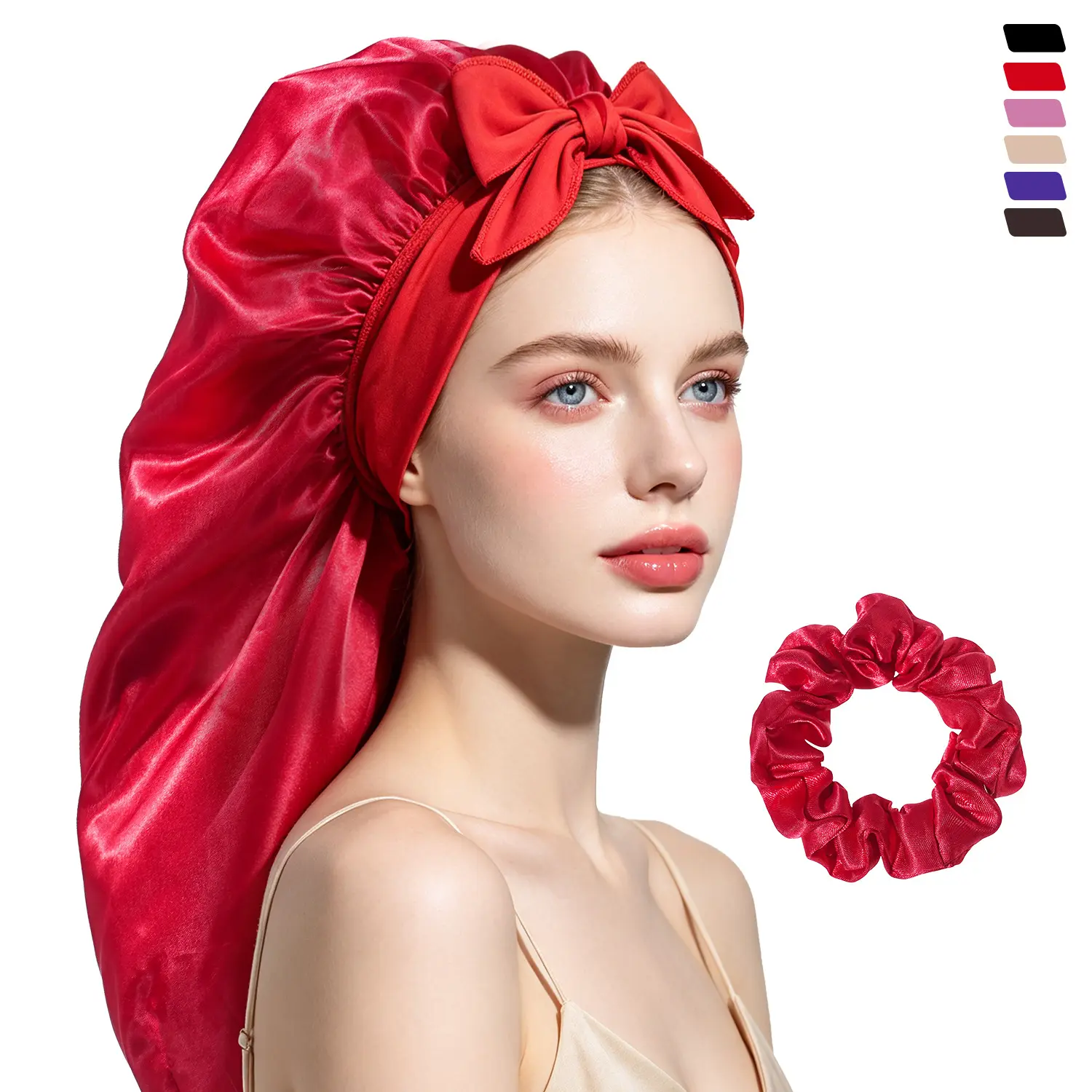 Long Tube Satin Sleep Cap with Tie Strap and Scrunchie Set for Women's Heatless Curls & Anti-Frizz Haircare