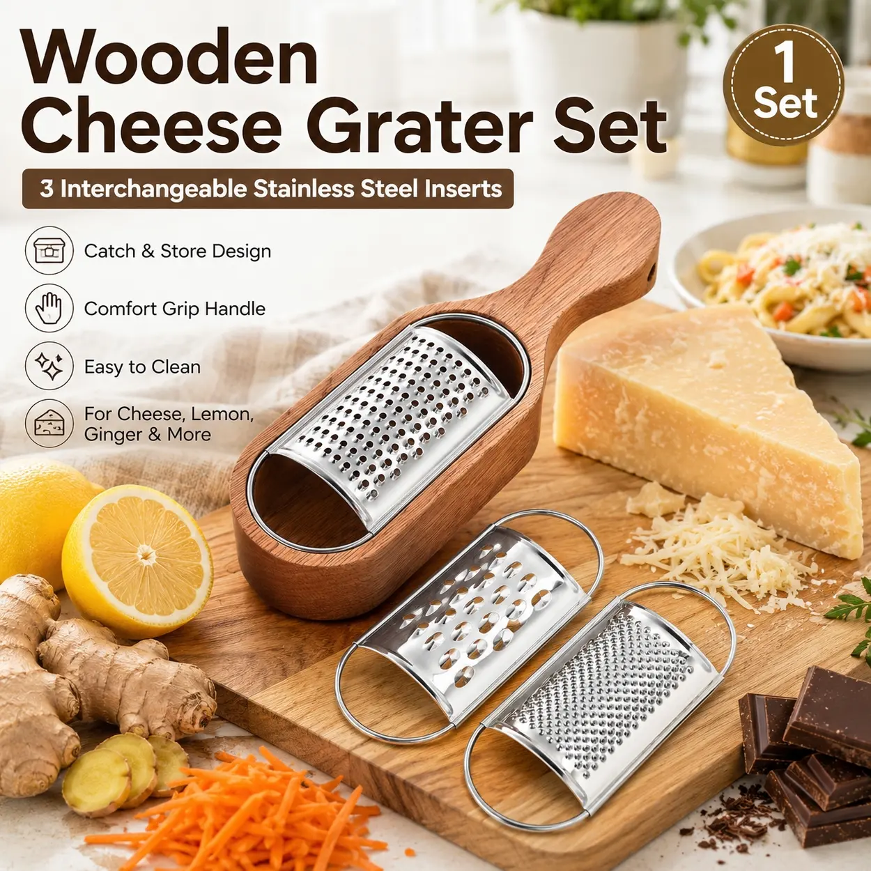 Stainless Steel Cheese Grater Set, Wooden Style Handheld Shredder with Replaceable Grating Plates, Storage Space and Comfortable Handle, Multi Use Kitchen Gadget for Cheese, Lemon Zest, Ginger, Garlic, Vegetables, Chocolate, Dessert and BBQ Prep