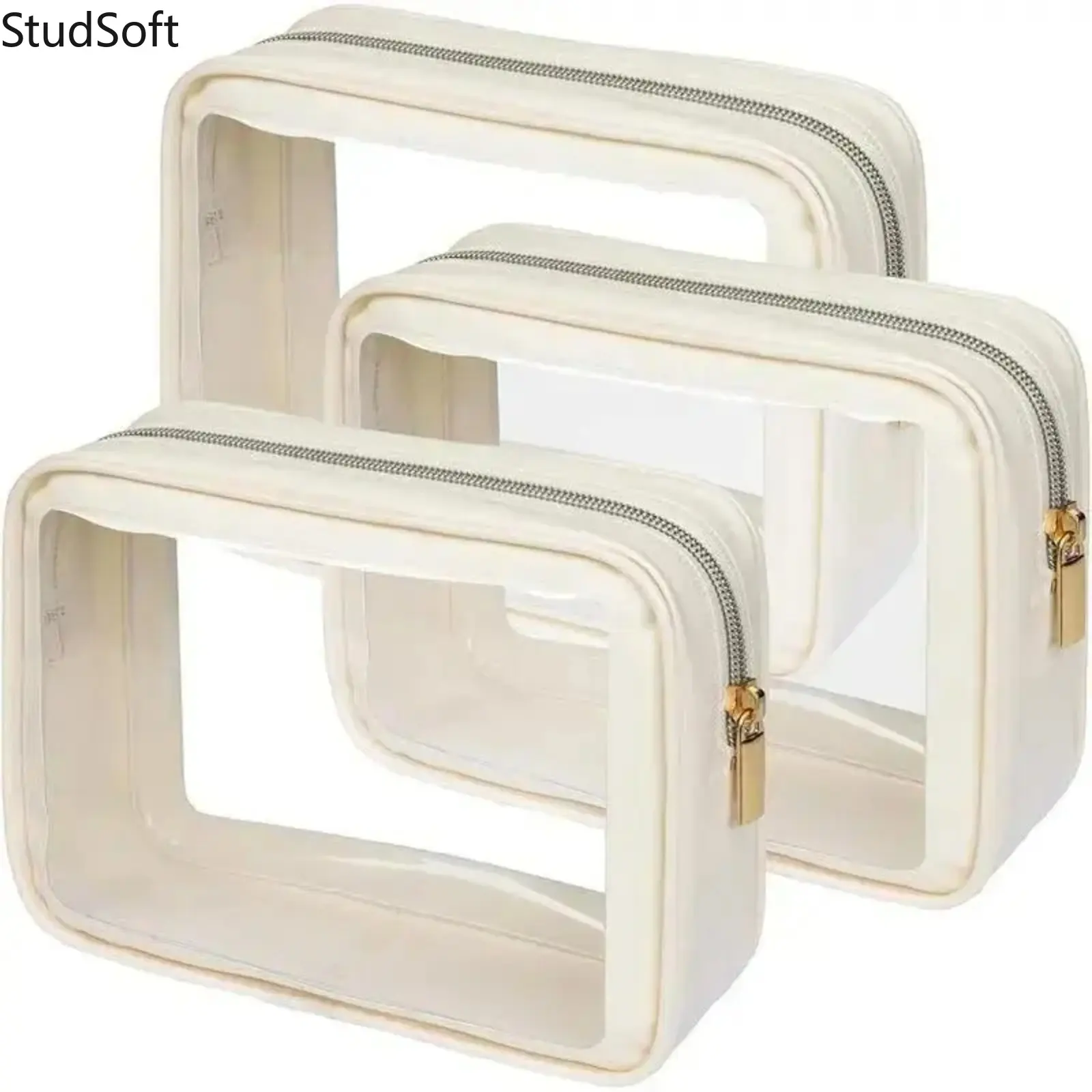 3-Pack Clear Toiletry Bag Set Beige Waterproof Cosmetic Organizer Color Edged Clear Pouch Spacious Travel Makeup Storage Case for Car Console