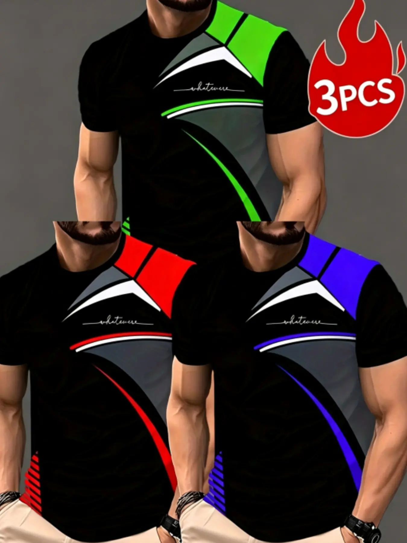 3 Pcs Men Curved Color Block Print Crew Neck Short Sleeve T-Shirts, Slim Sport Breathable Casual Multipack Tees For Daily Training Street Outfits Casual Sport Top