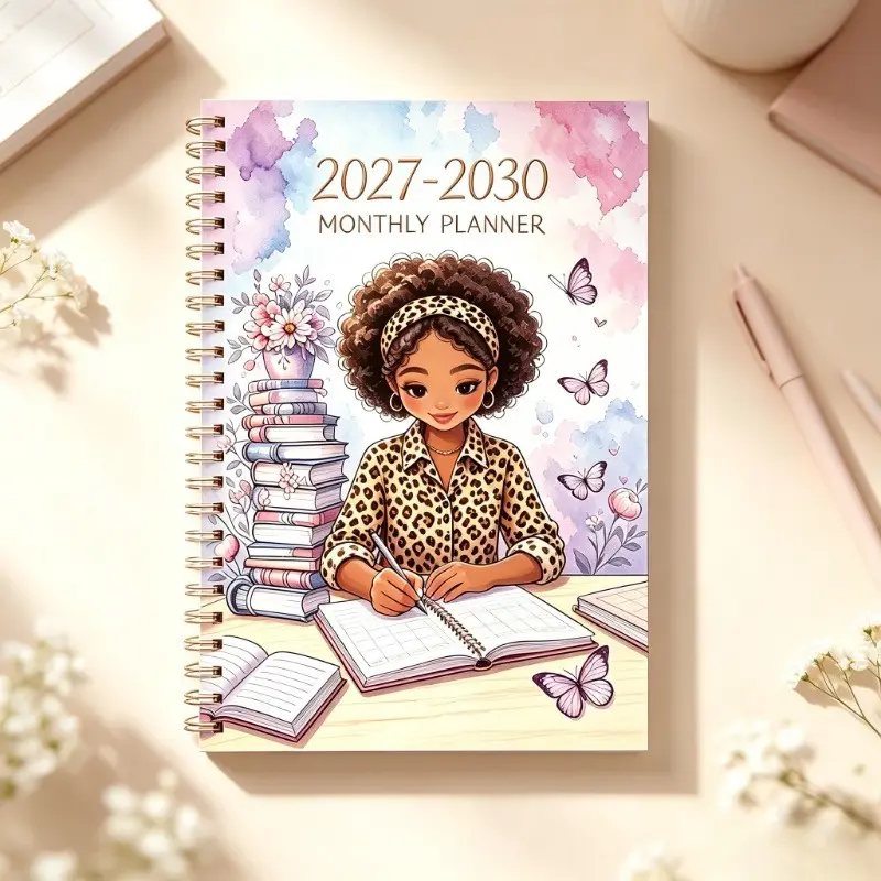 2027-2030 Four-Year Monthly Planner Notebook, Leopard Print Girl Butterfly Floral Schedule Journal, Coiled Binding Diary