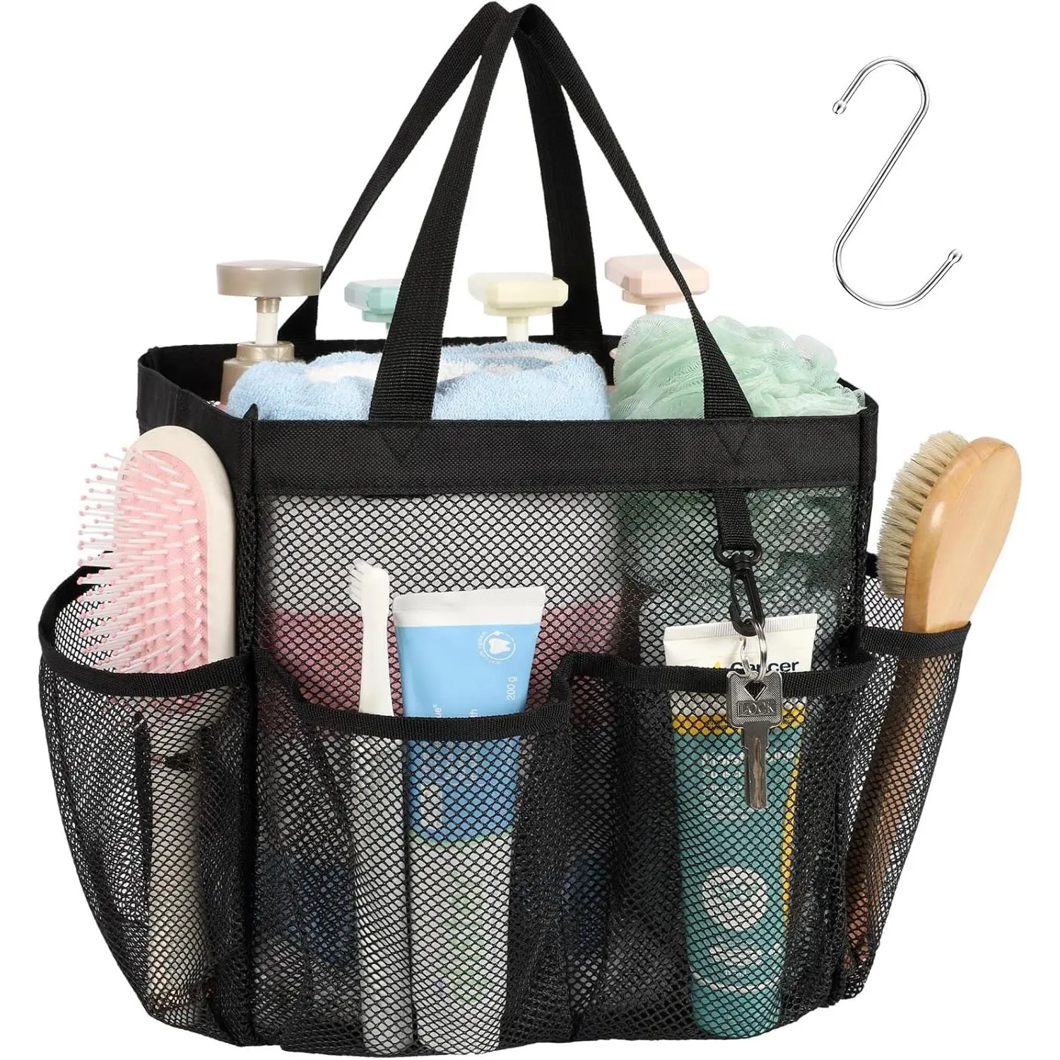 Mesh Shower Caddy Portable for College Dorm Room Essentials with S Hook, 8 Pockets 2 Handles Quick Dry Shower Bag for Camping, Travel, Gym, Bathroom, Hanging Toiletry Organizer, Black
