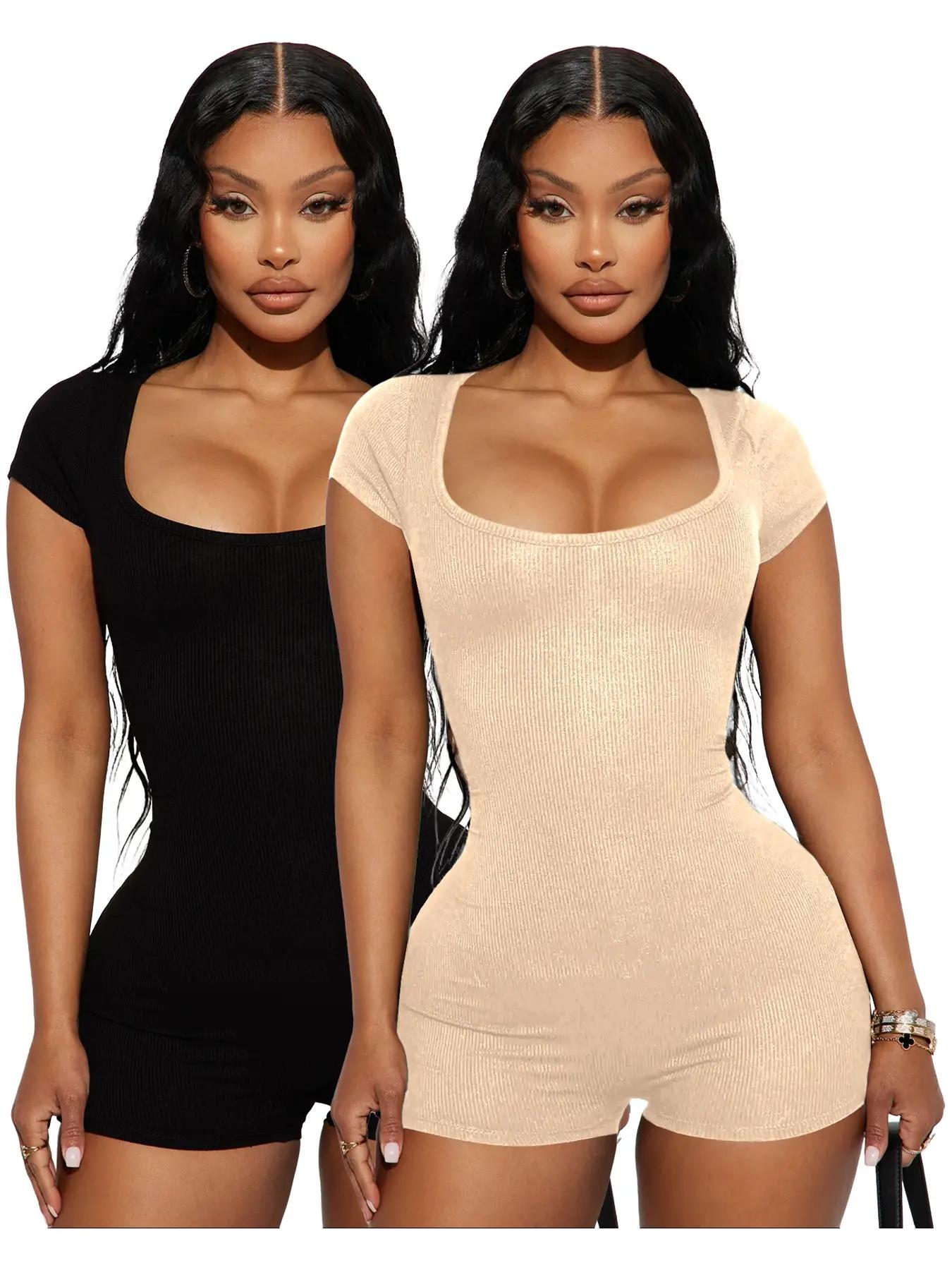 Women's Solid Scoop Neck Skinny Romper, Casual Short Sleeve Bodycon Romper, Lady's Summer Clothes for Daily Wear