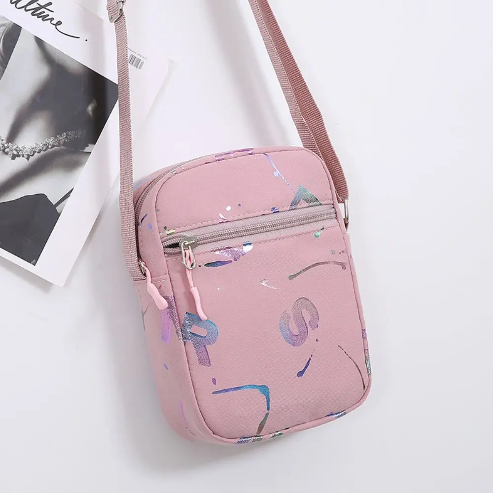 Waterproof Nylon Mini Vertical Crossbody Phone Bag, Iridescent Abstract Letter Print Multi Zipper Pocket Adjustable Strap Casual Shoulder Purse for Daily Walking Shopping