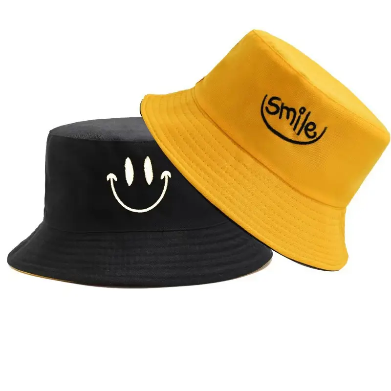 Double-Sided Breathable Cotton Bucket Hat - Korean Style, Casual Cute Embroidered Smiley Sun Hat for Sports & Outdoor Use, Fashion, Lightweight, One Size Fits Most