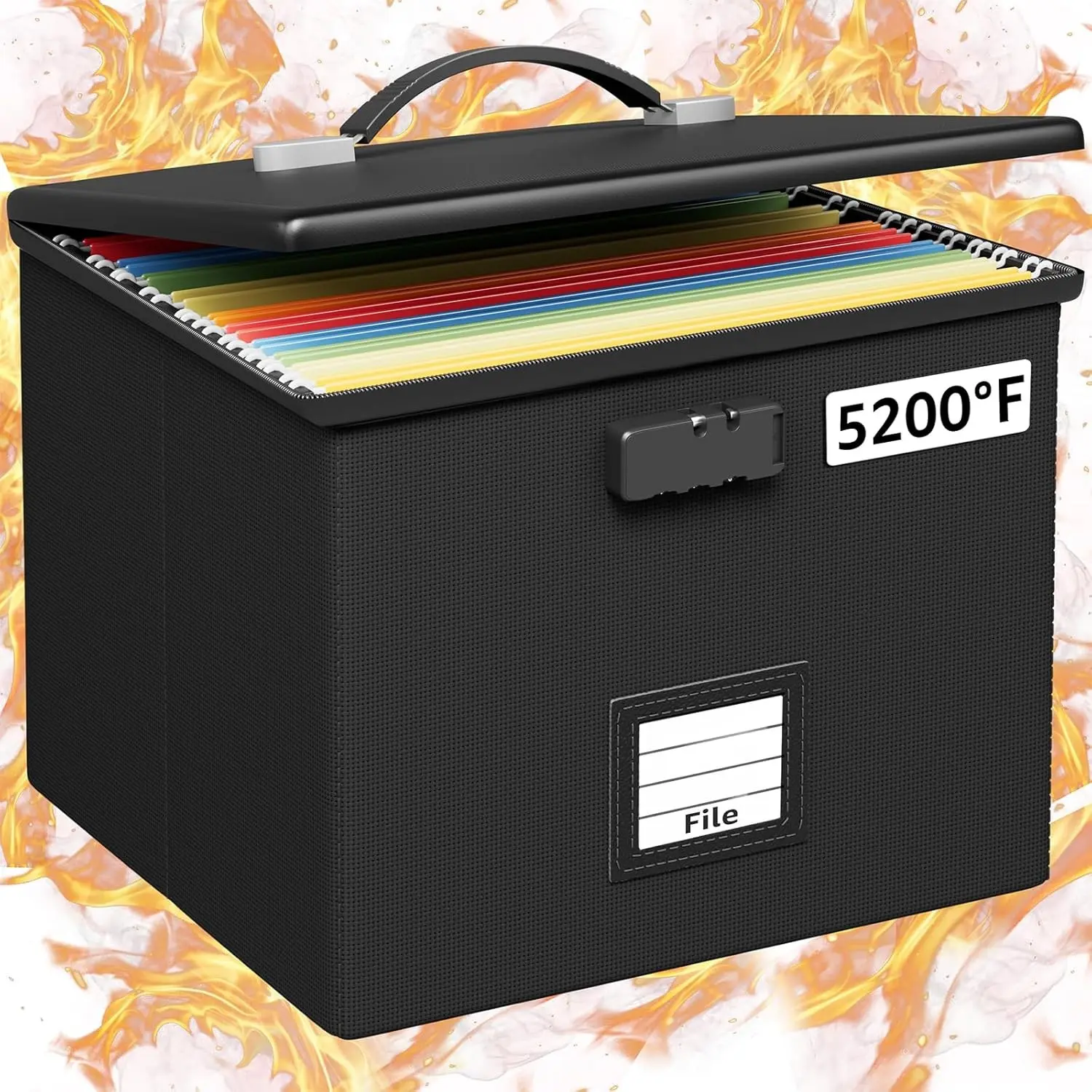 Rectangular Fireproof Document File Box - Portable Waterproof Organizer with Locking Lid, Handle for Indoor Furniture Storage Needs