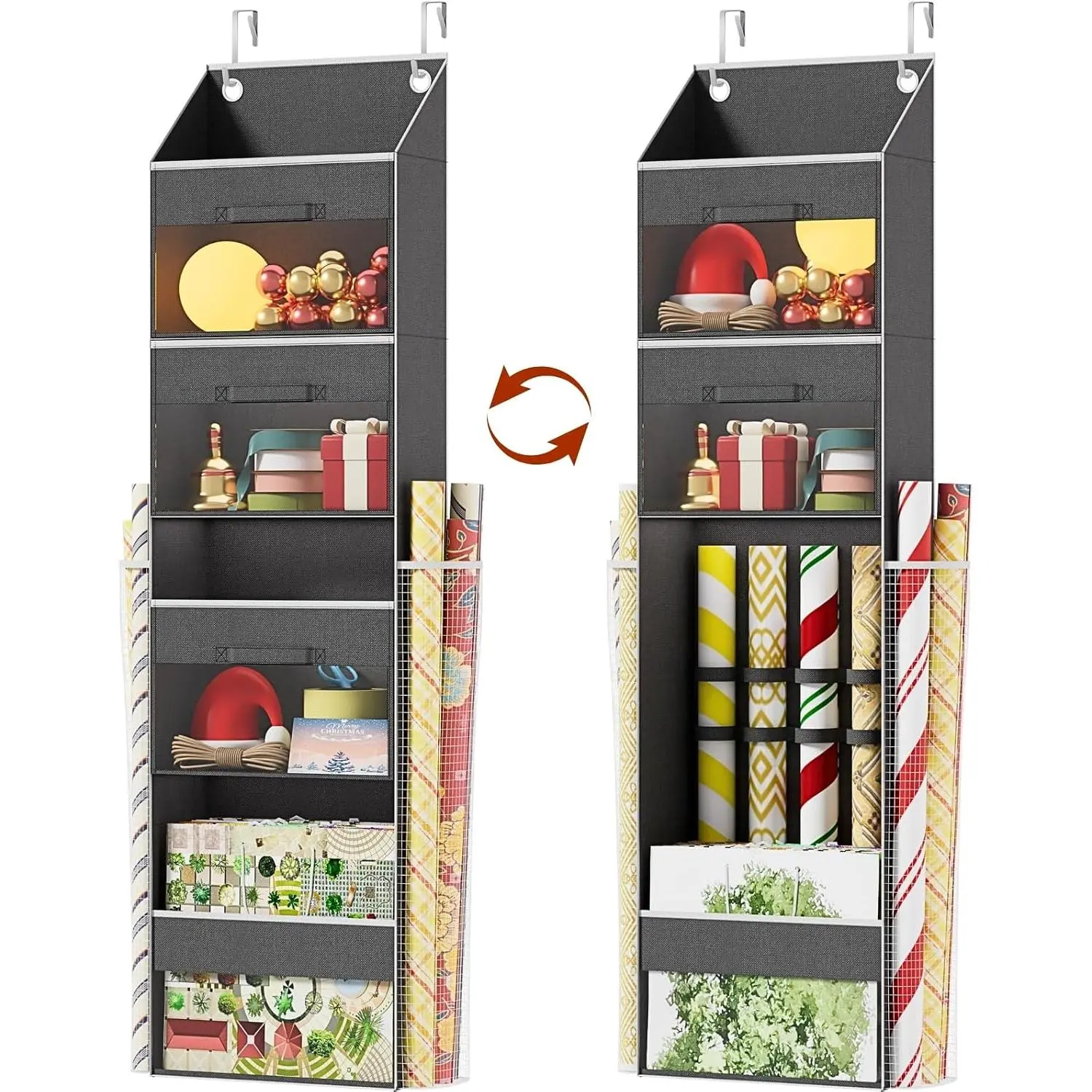 Vertical Over Door Wrapping Paper Organizer Storage - 1 Pack with 3 Removable Drawers, Side Pockets, Elastic Straps Design - Synthetic Christmas Wrap Holder for Ribbons, Bows, Ornaments & Office/Gift Supplies
