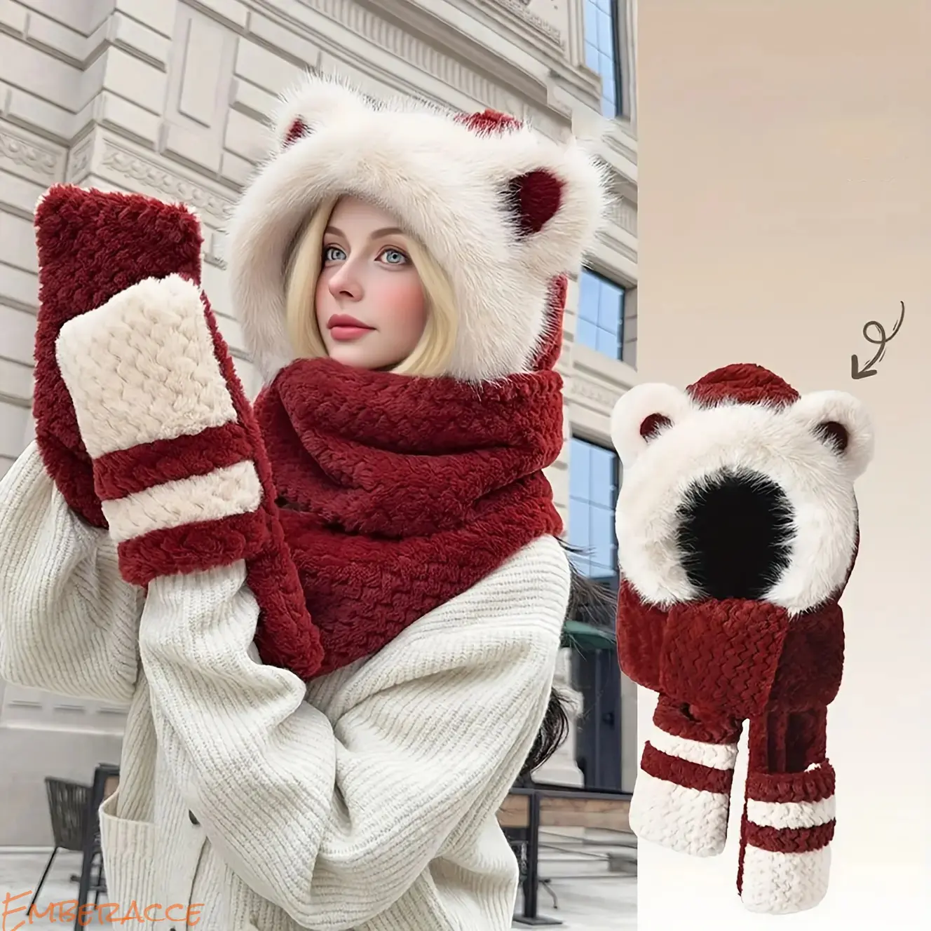 Women's 3-Piece Winter Balaclava Set Pack, Christmas Bear Design Onesize Ski Mask with Scarf & Gloves, Color Block Fleece-Lined Warm Knit Hood for Cold Weather Outdoor Sports, Holiday Gift