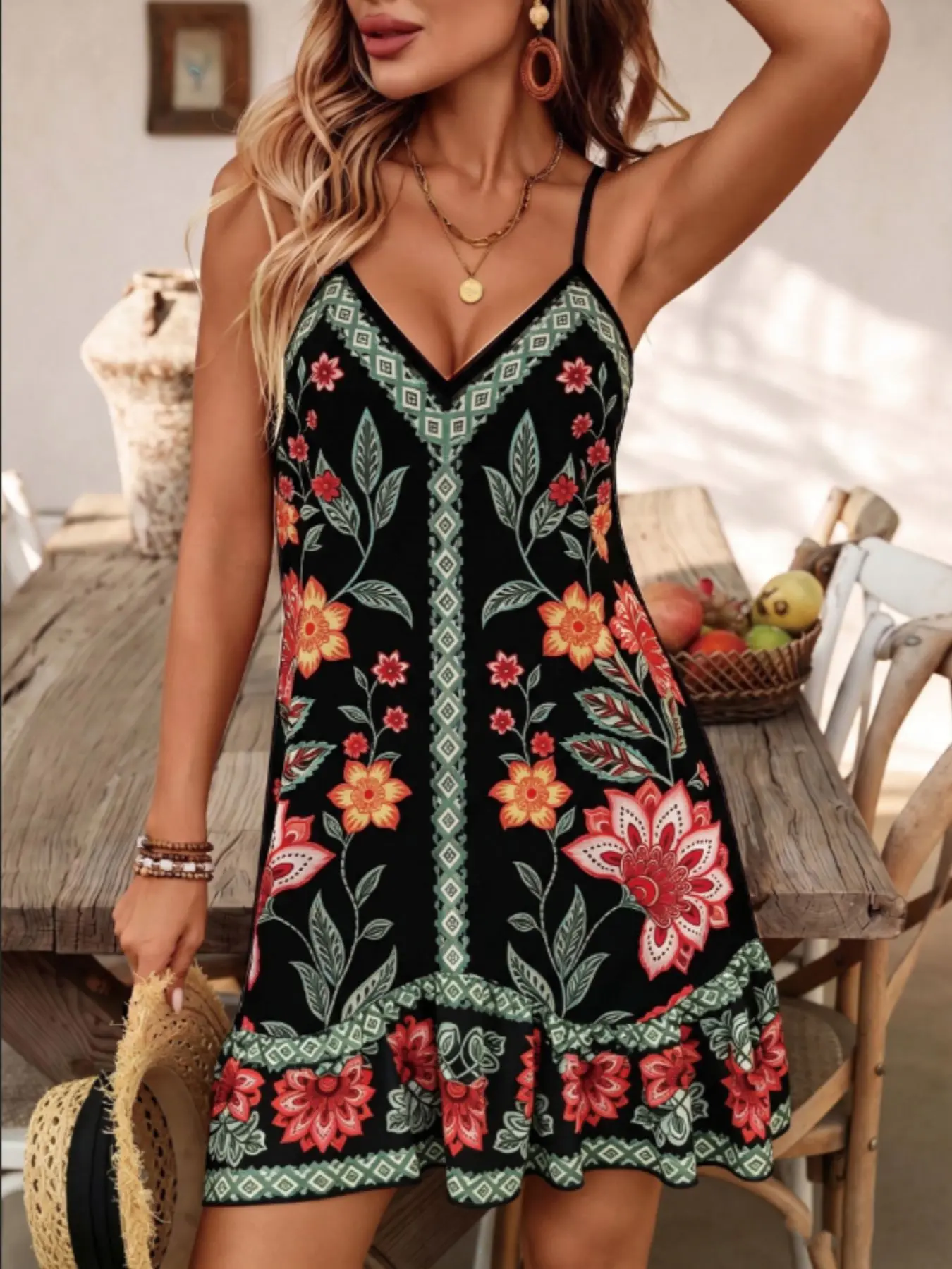 Women's Ethnic Vintage Print V Neck Thin Strap Halter Dress, Beach Vacation a Line Slimming Dress, Stylish Summer